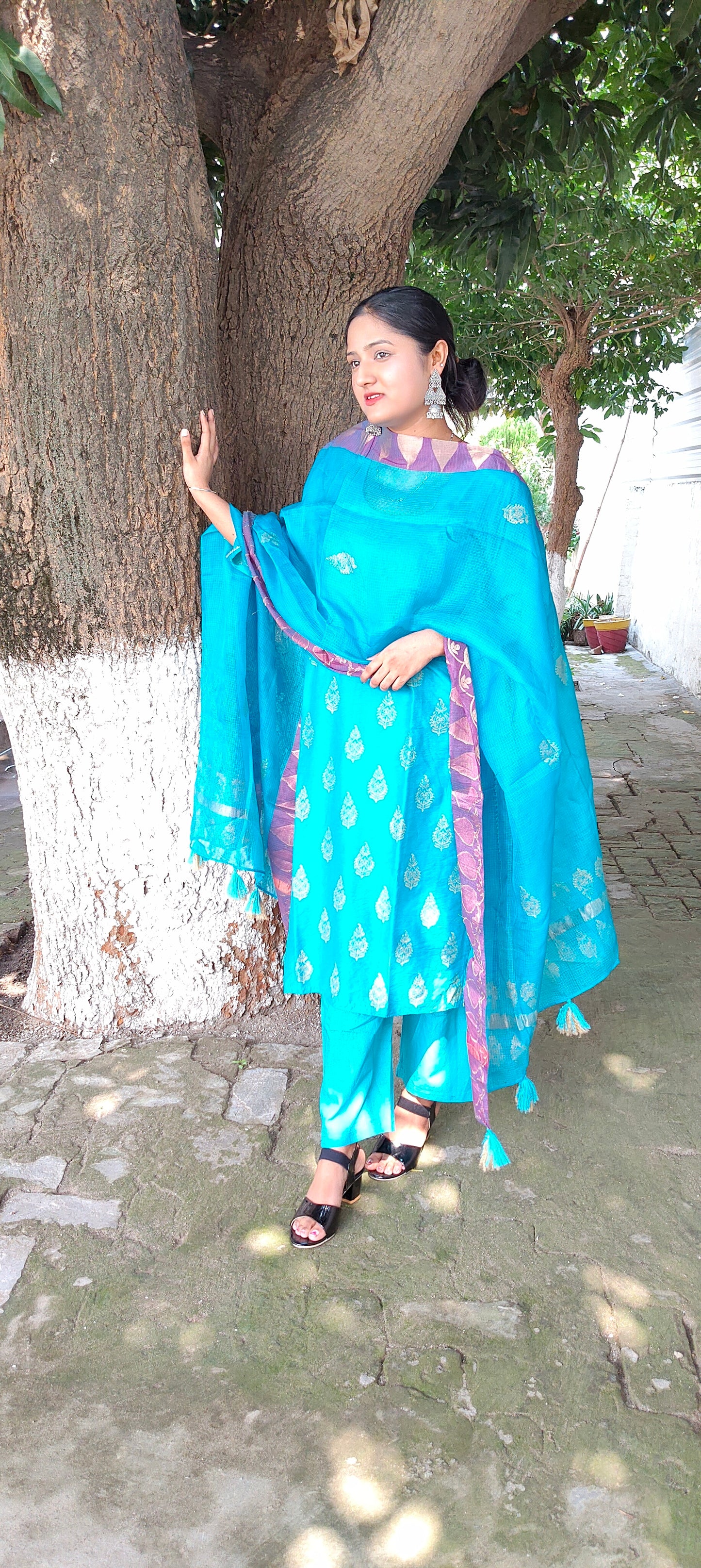 Handblock blue chanderi silk suit