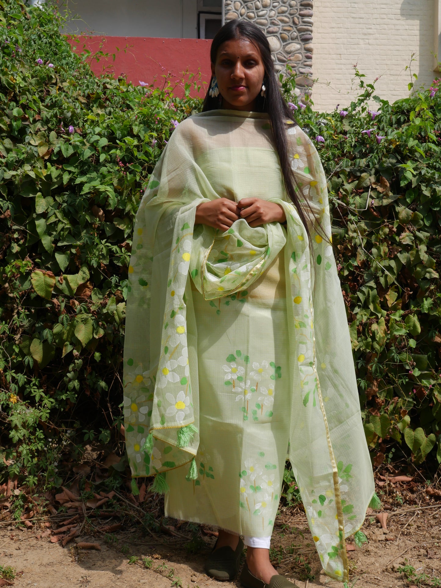 Pista green handpainted kota doria suit with white motifs