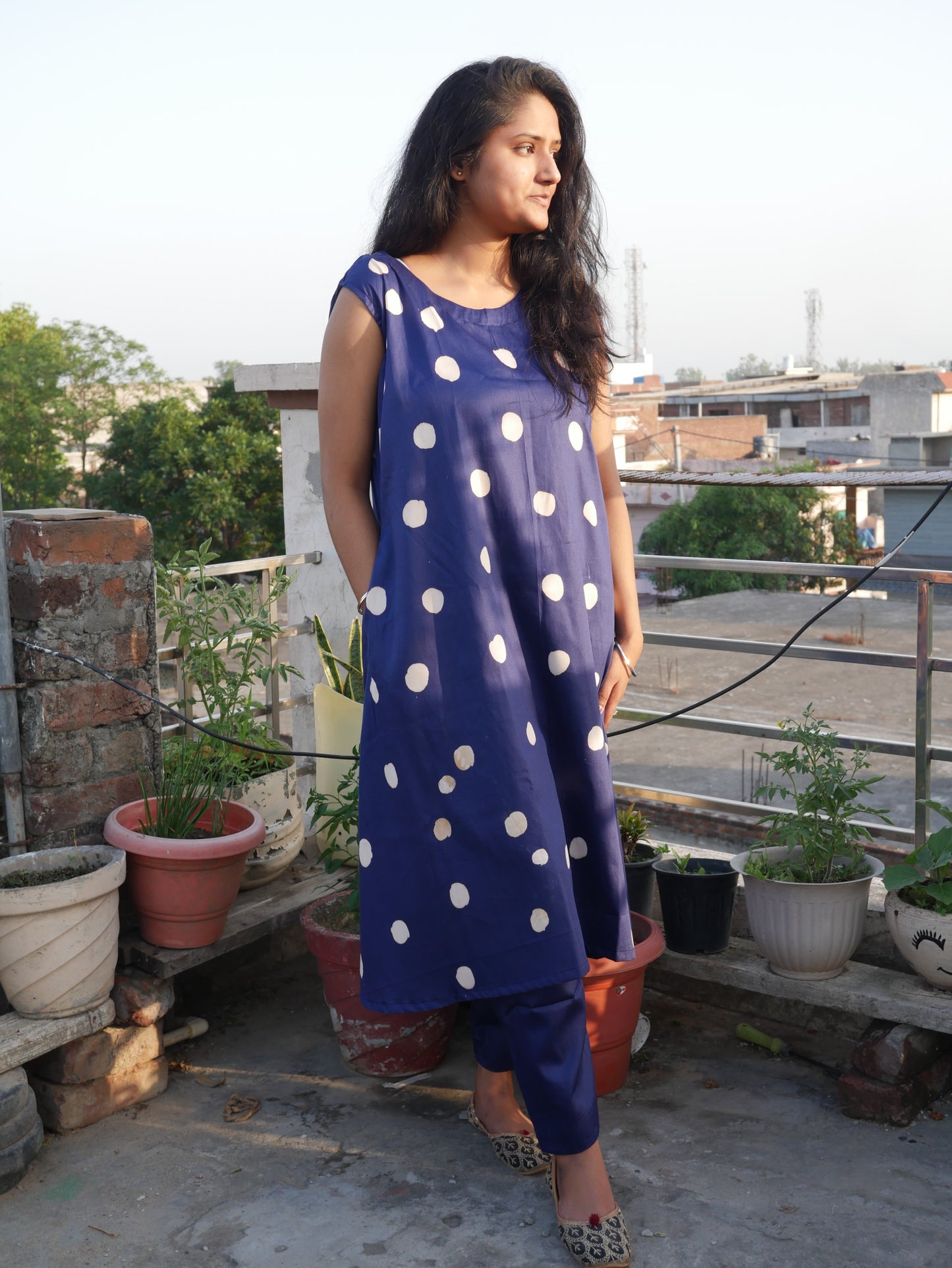 Royal Blue polka dot A line handblock cotton kurti