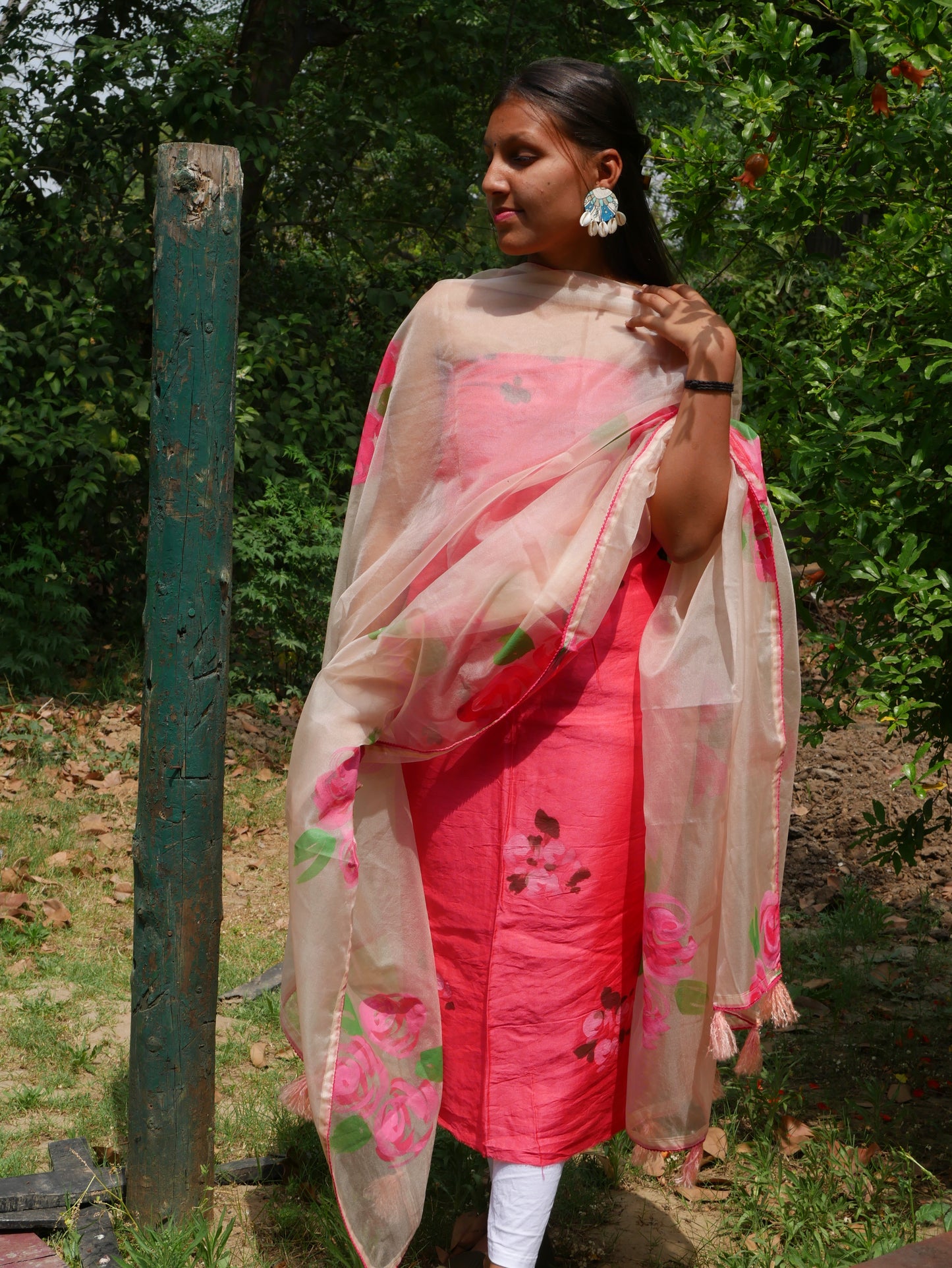 Handpainted pink roses on chanderi suit and organza dupatta