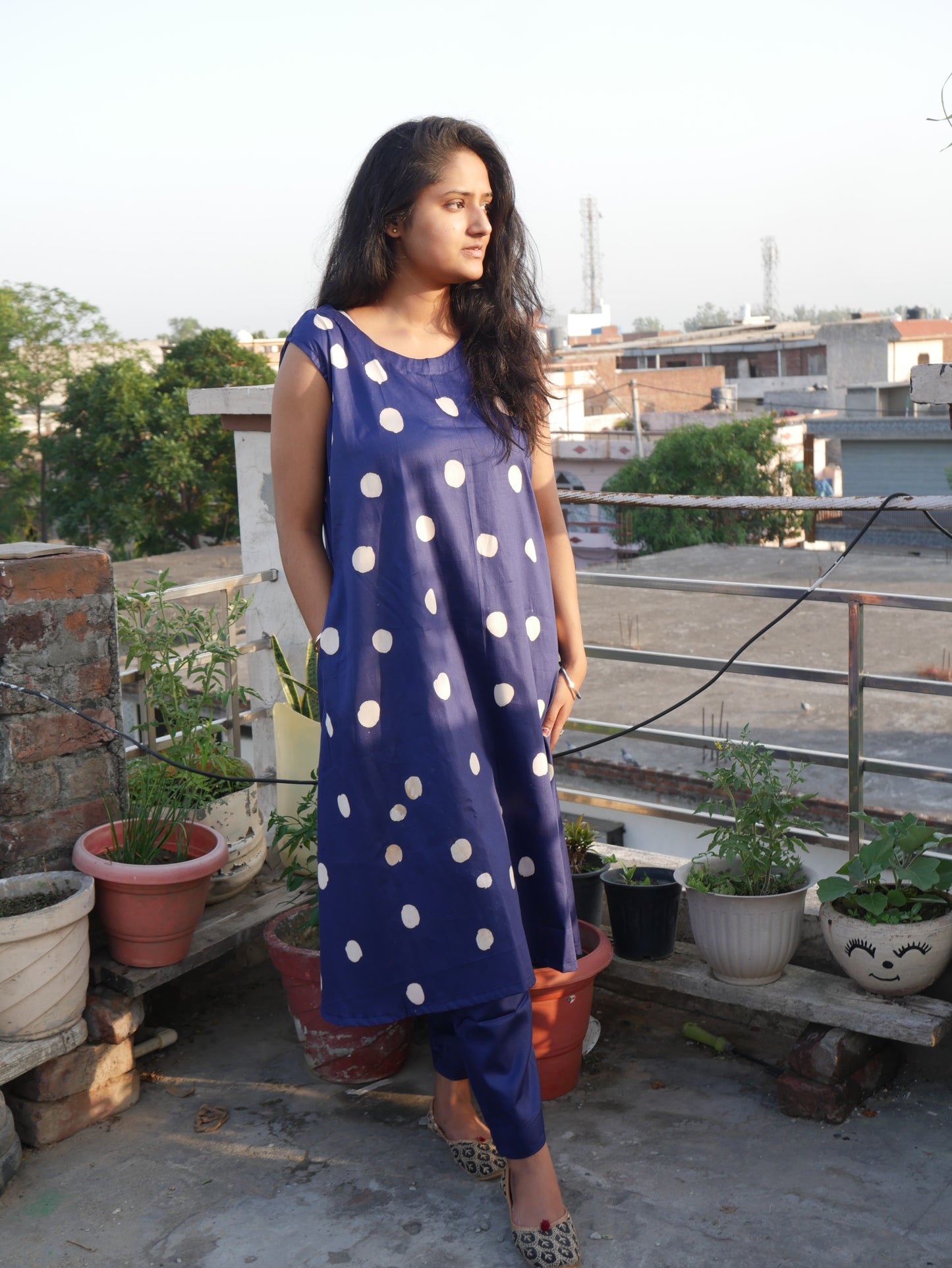 Royal Blue polka dot A line handblock cotton kurti