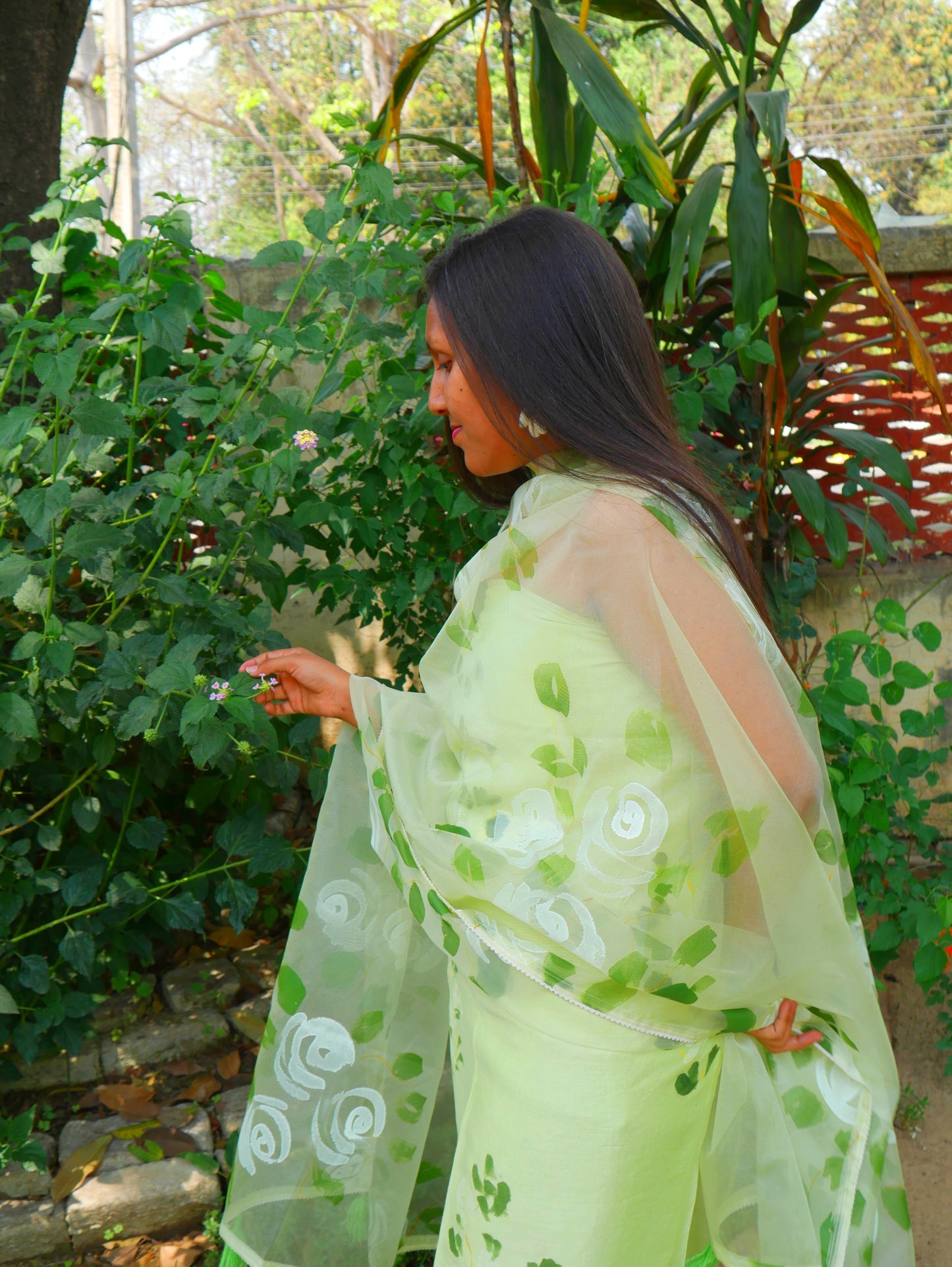 Hand painted roses on Pista green chanderi suit with organza dupatta