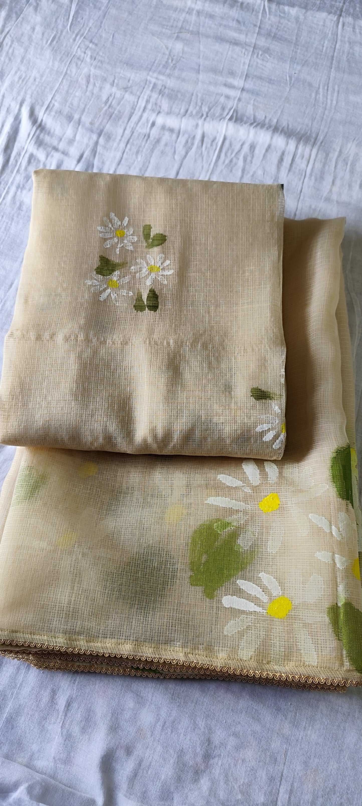 Handpainted motifs on beige kota doria suit