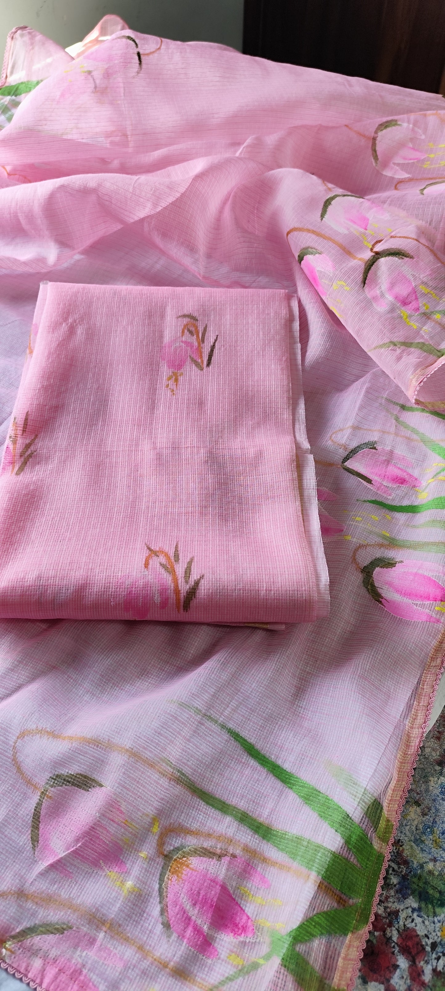 Hand painted  pink blossoms flower on kota doria.