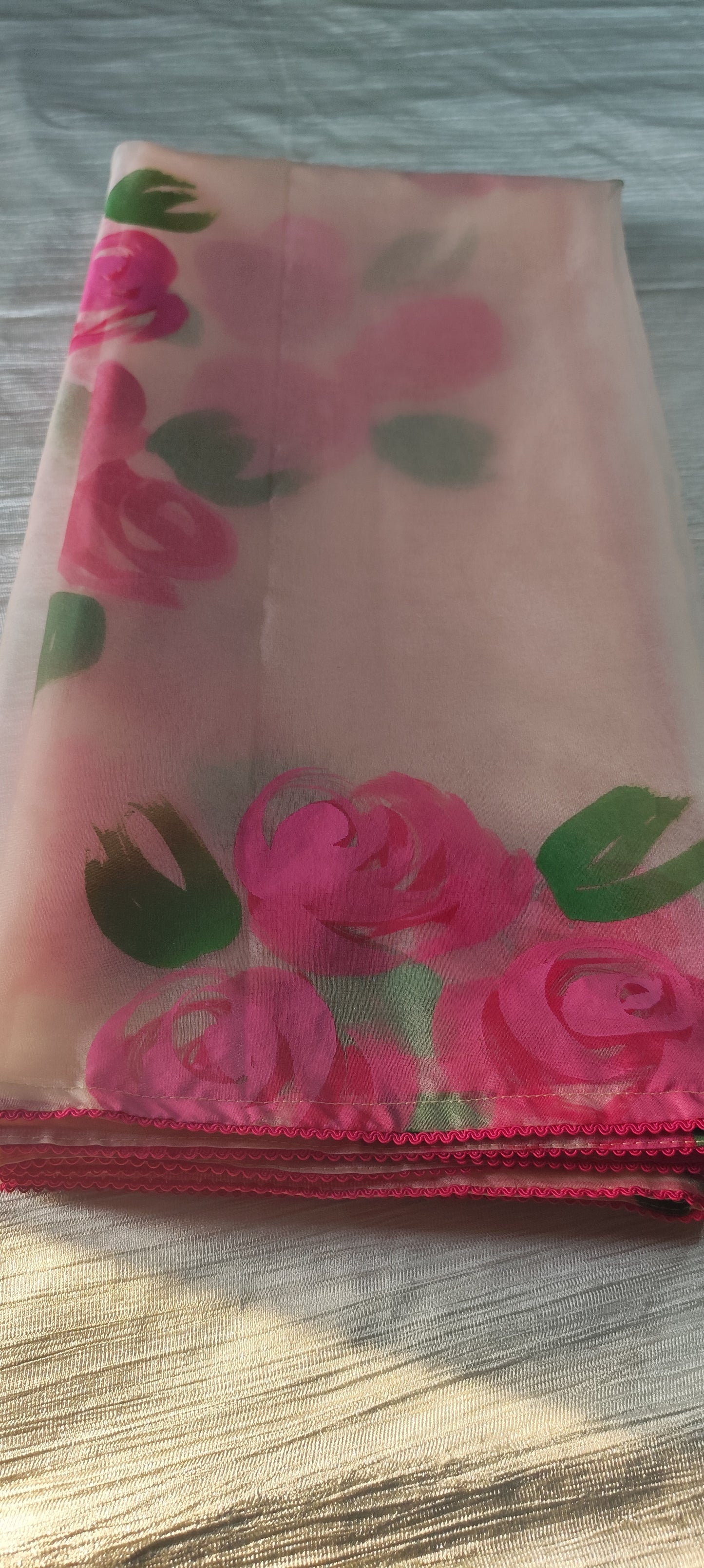Handpainted pink roses on chanderi suit and organza dupatta
