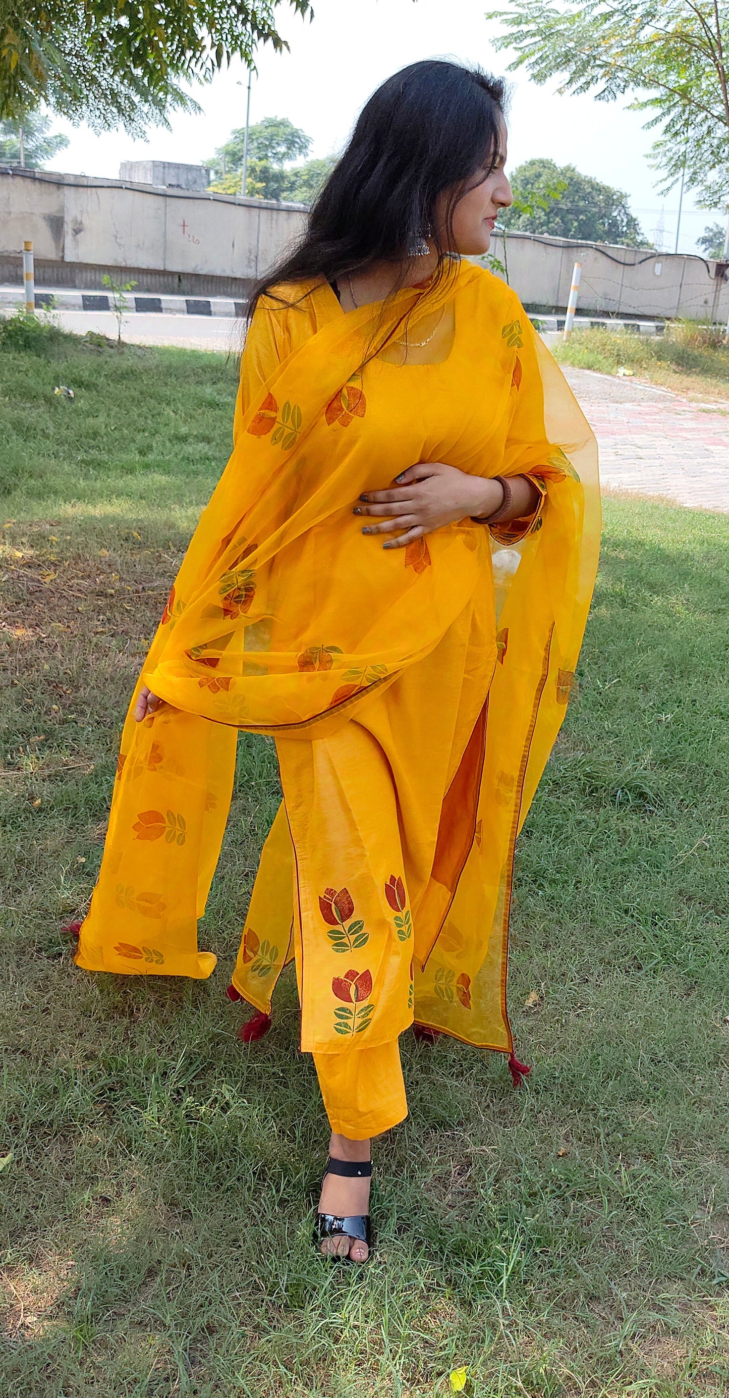 Hand block yellow chanderi suit