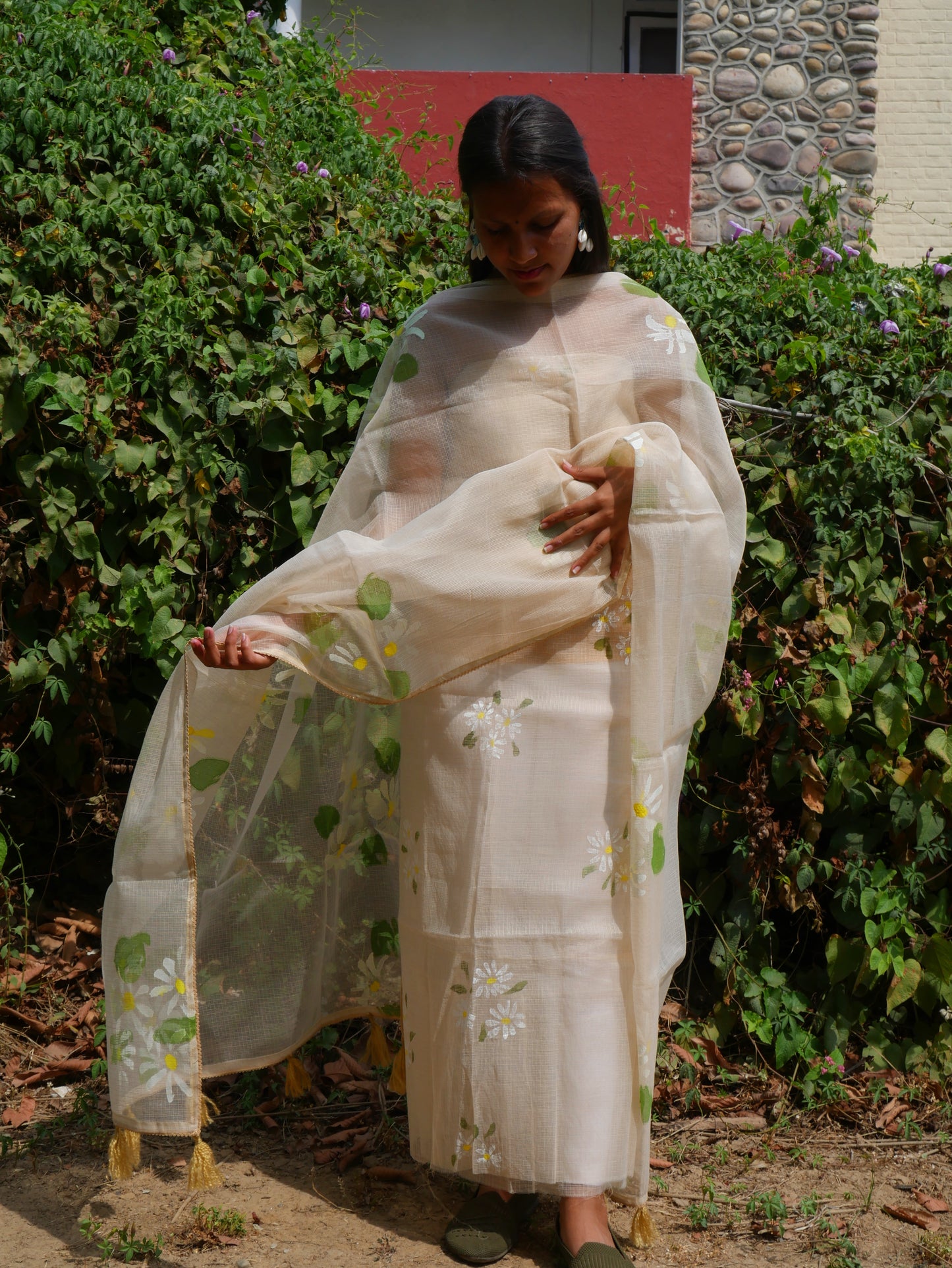 Handpainted motifs on beige kota doria suit