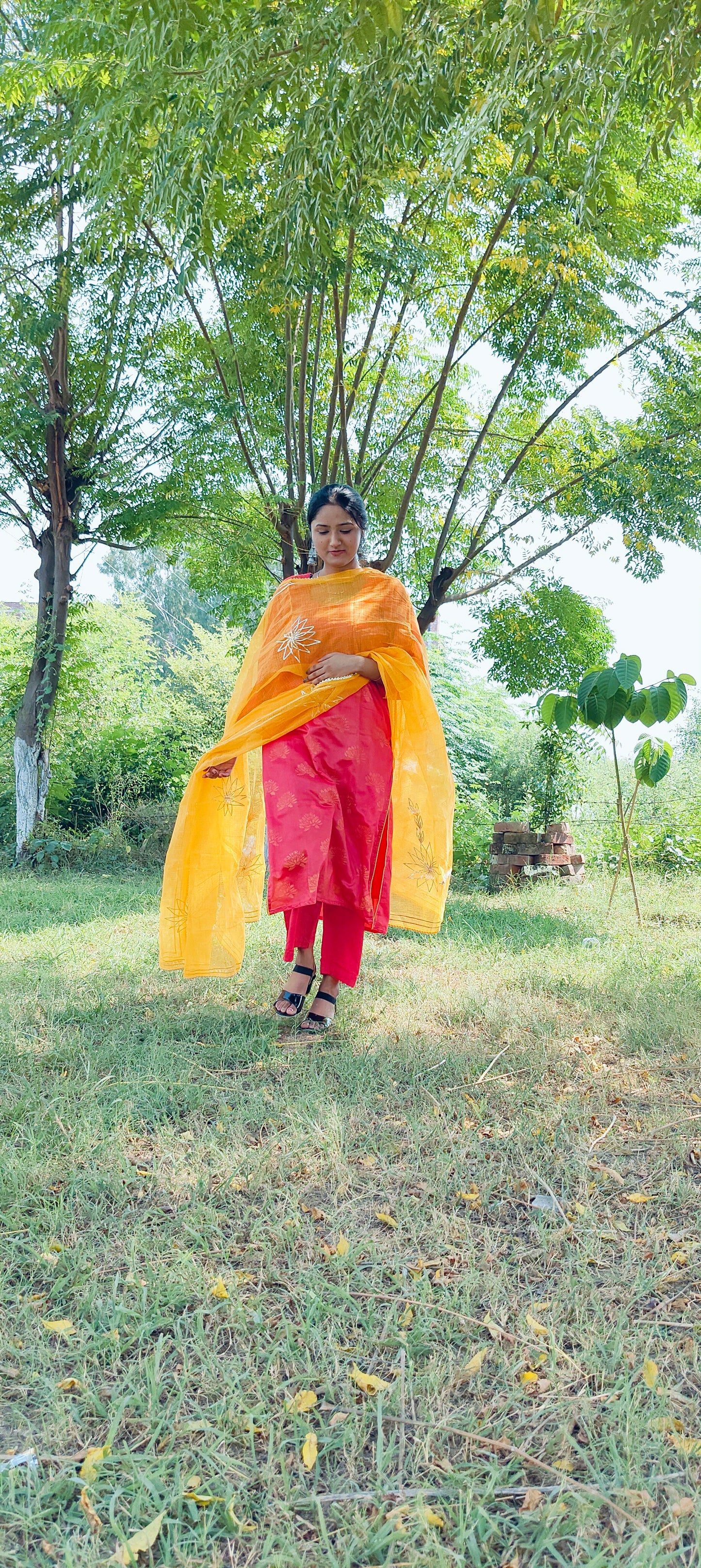 Handblock  pink chanderi silk suit