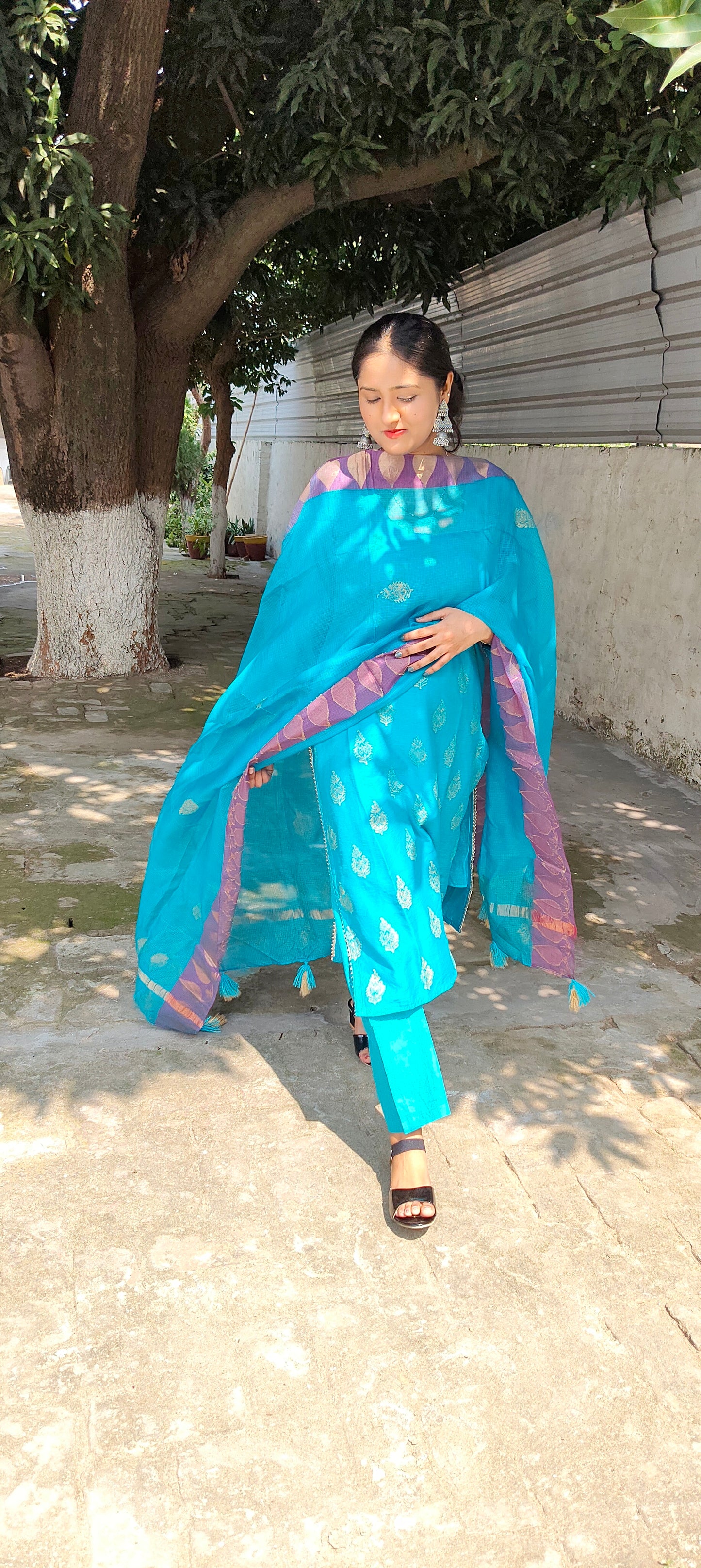 Handblock blue chanderi silk suit