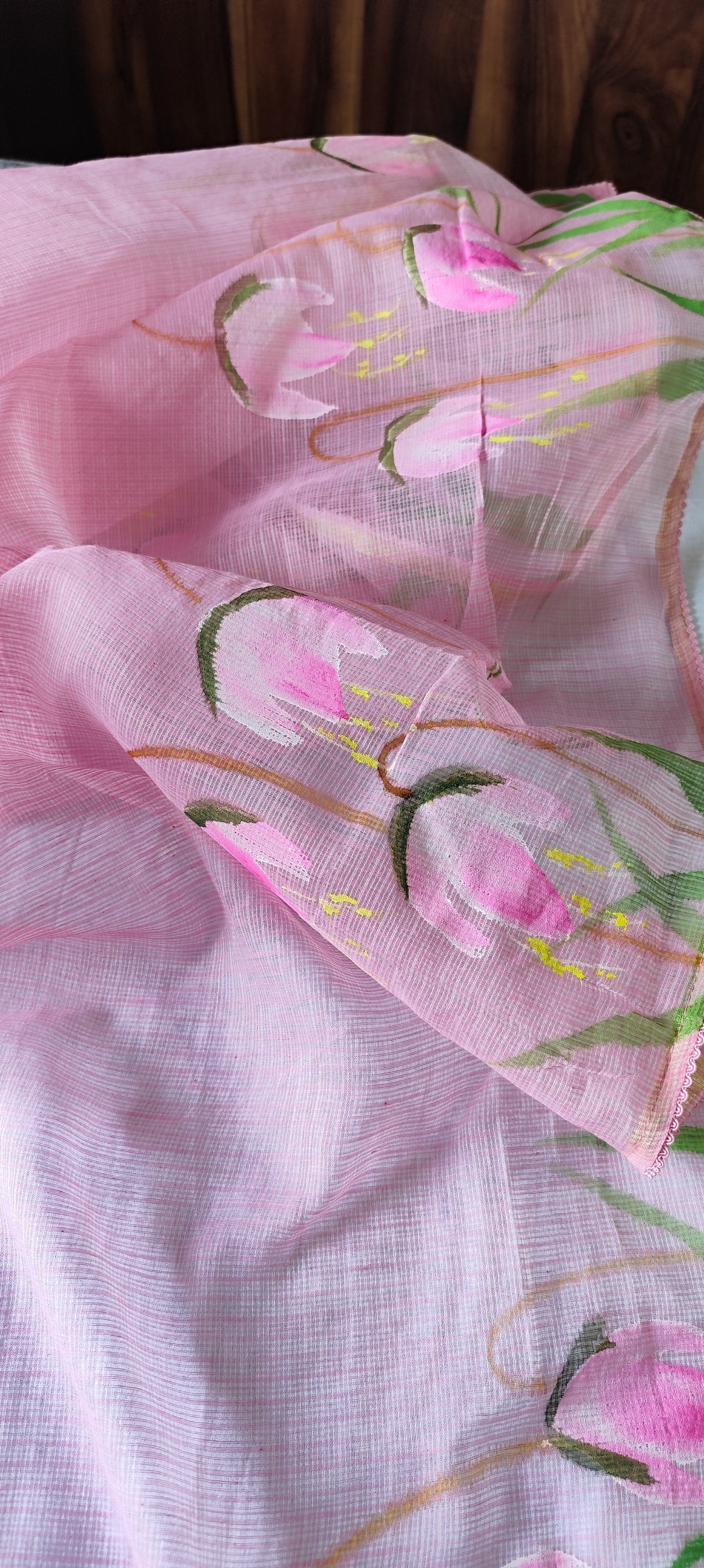 Hand painted  pink blossoms flower on kota doria.