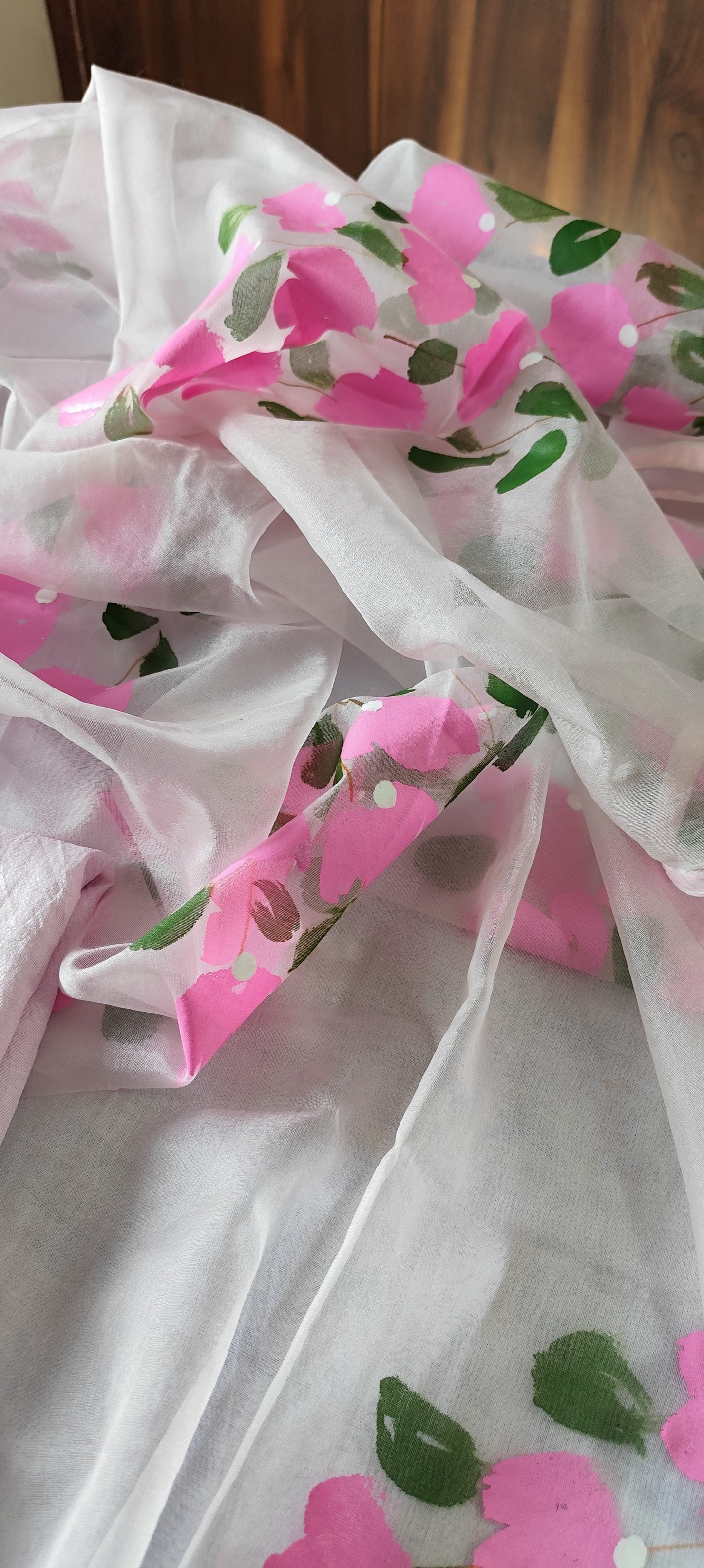 Hand painted bougainvillea on chanderi and organza dupatta