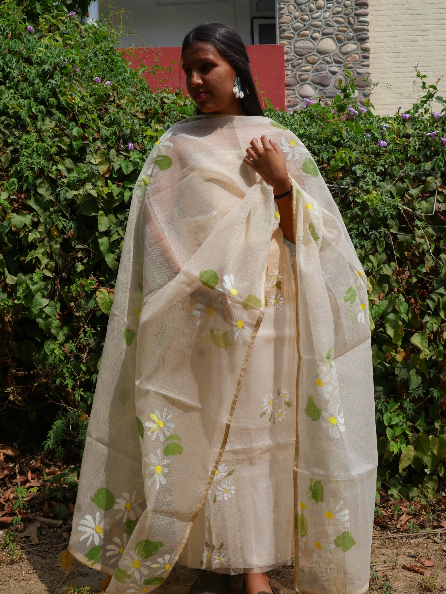 Handpainted motifs on beige kota doria suit