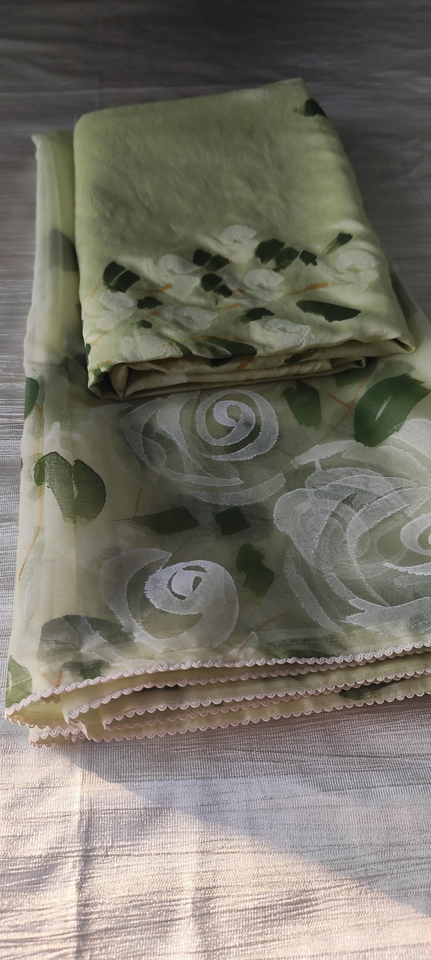 Hand painted roses on Pista green chanderi suit with organza dupatta
