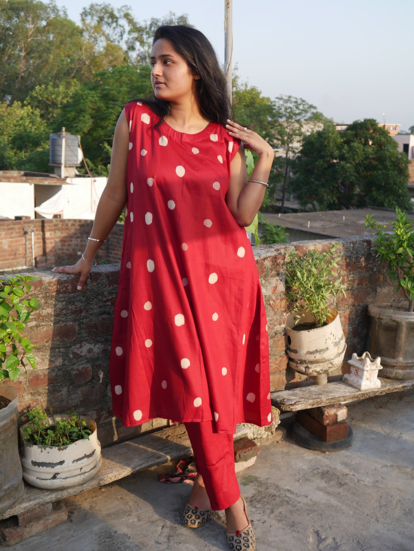 Red polka dot handblock kurti