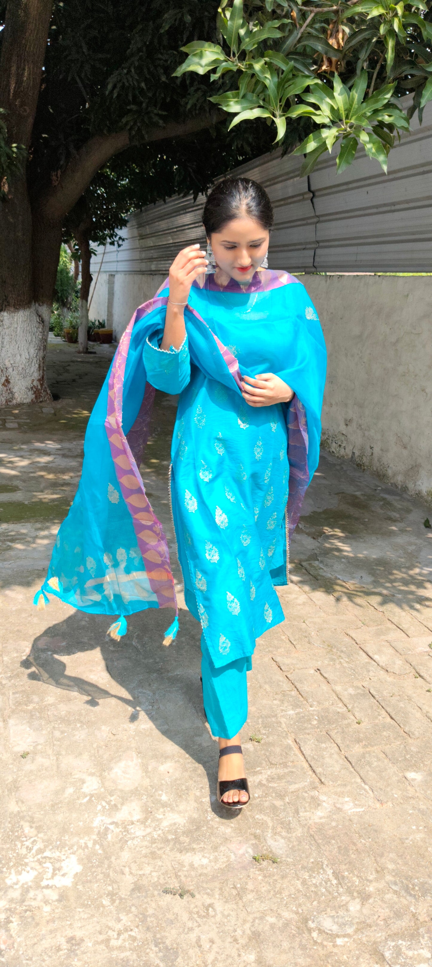 Handblock blue chanderi silk suit