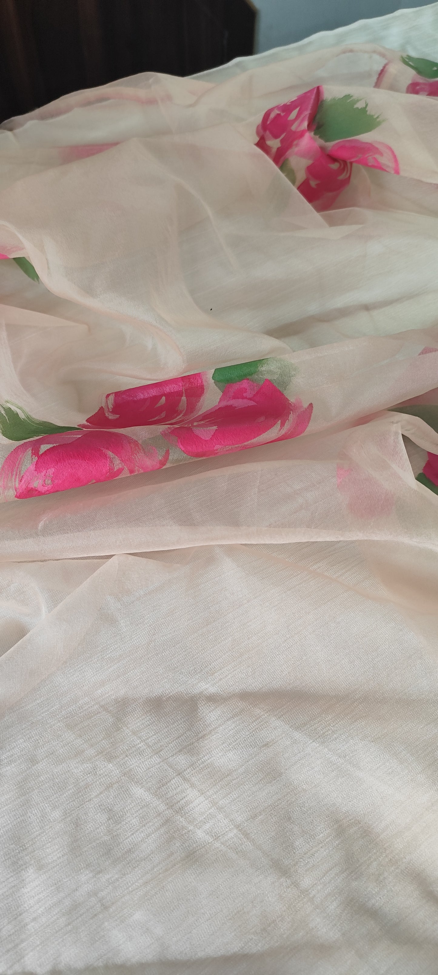 Handpainted pink roses on chanderi suit and organza dupatta