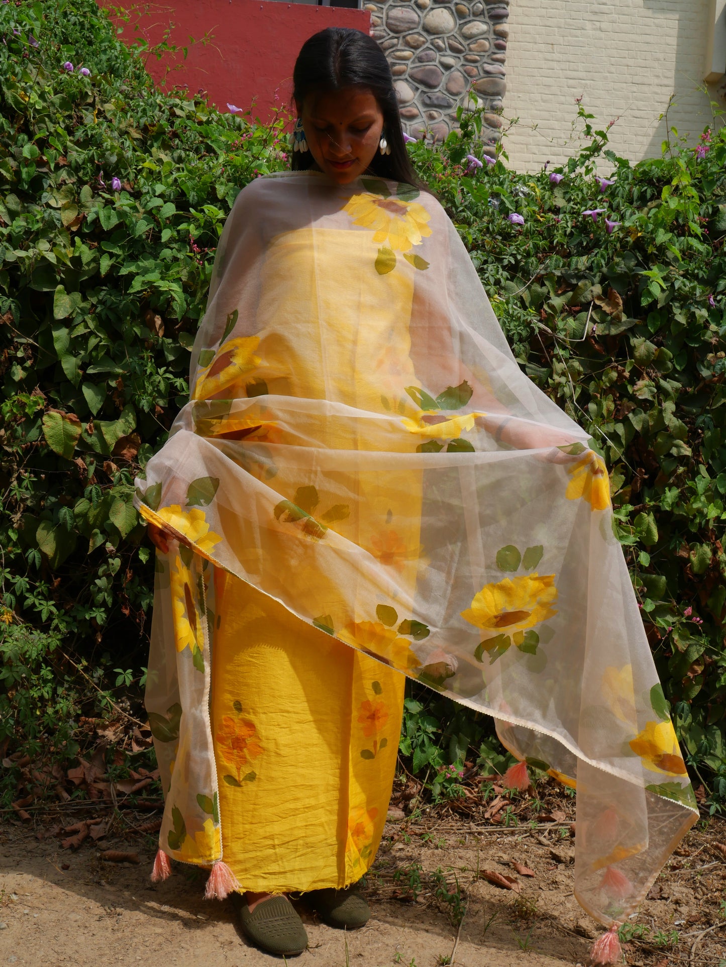 Handpainted sunflower on yellow chanderi suit and organza dupatta