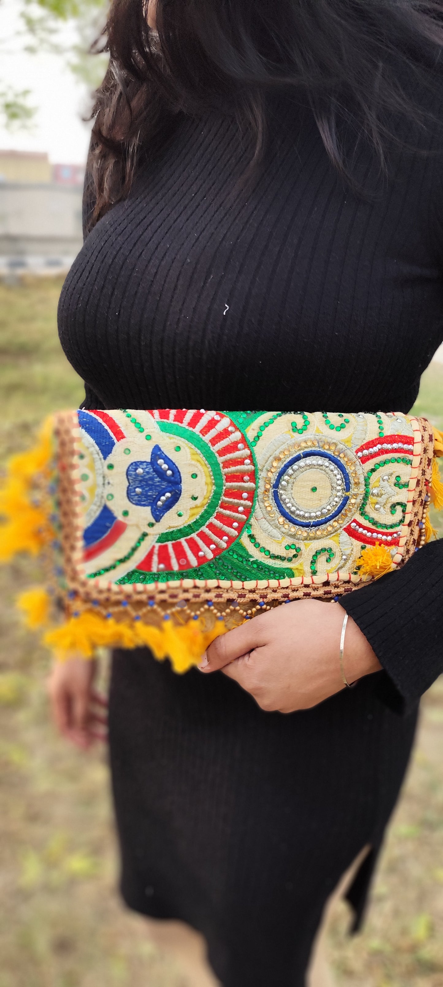 Yellow boho banjara clutches with tassels