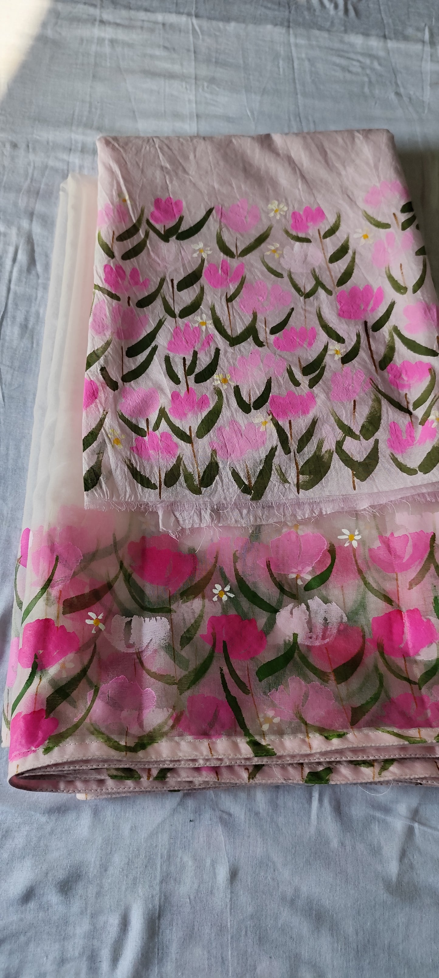 Hand painted pink blossoms on chanderi suit with organza dupatta
