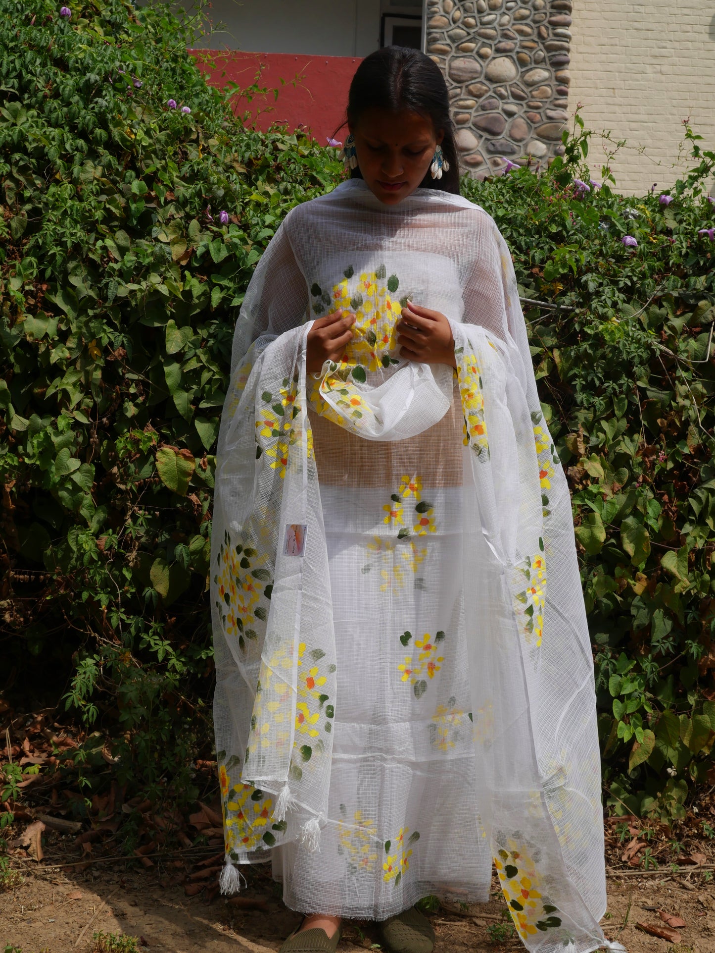 Handpainted amaltas on peach kota doria suit