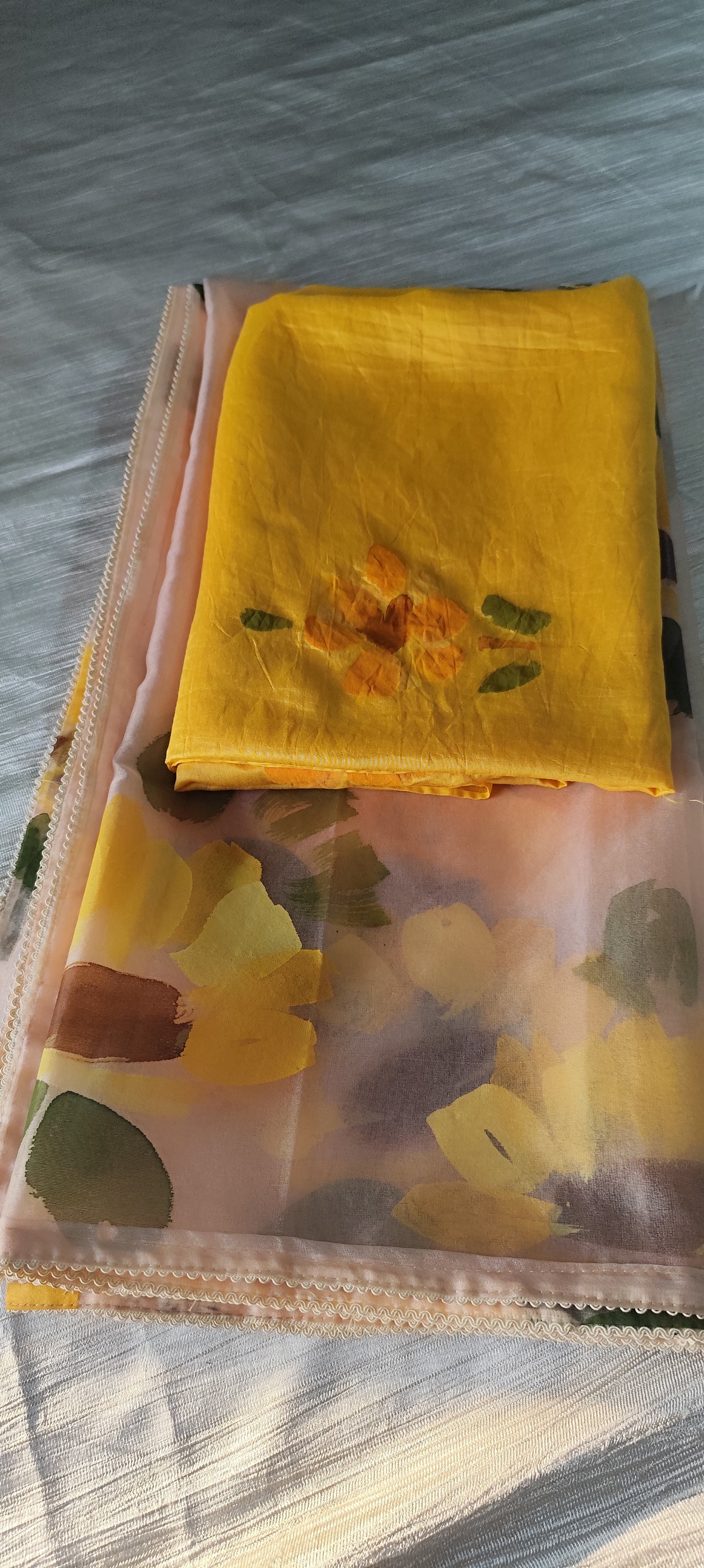 Handpainted sunflower on yellow chanderi suit and organza dupatta