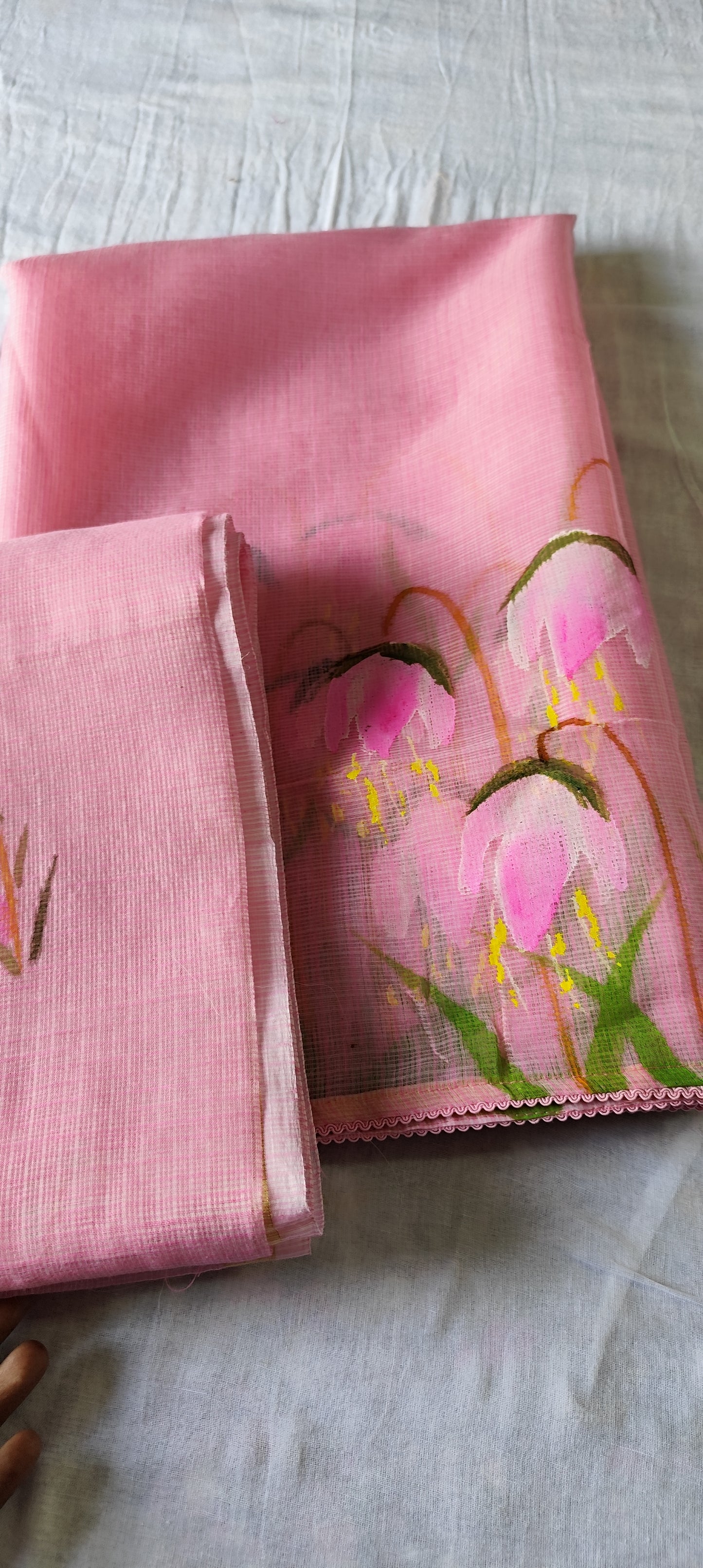 Hand painted  pink blossoms flower on kota doria.