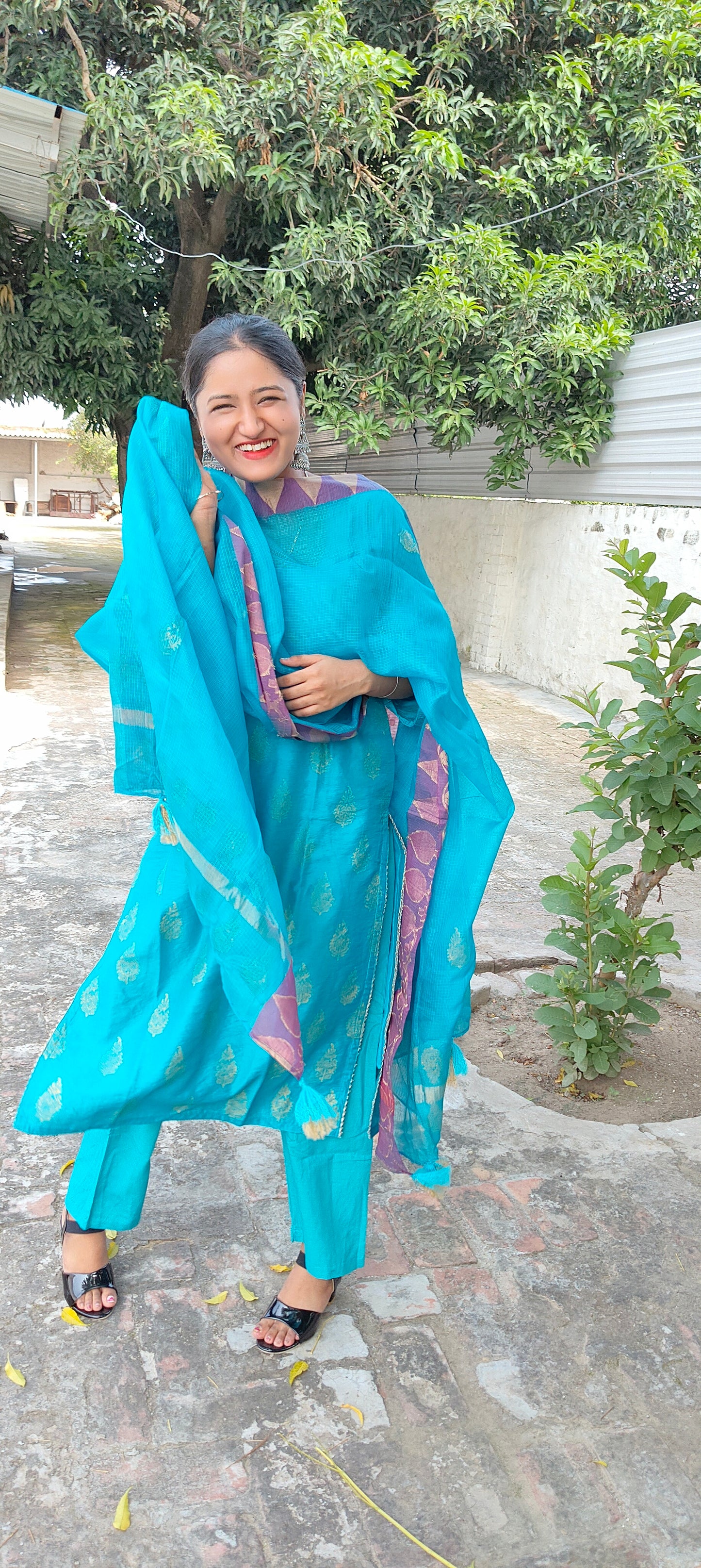 Handblock blue chanderi silk suit