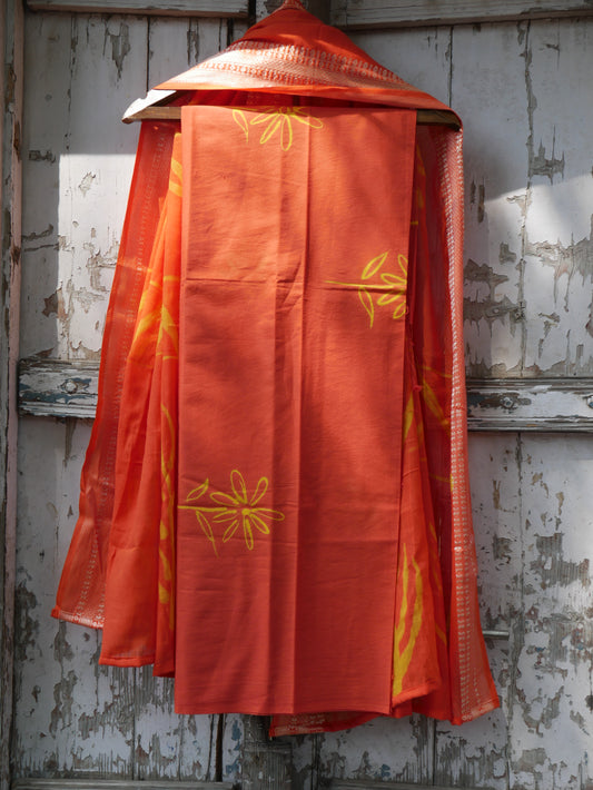 Orange pure cotton handblock shibori suit