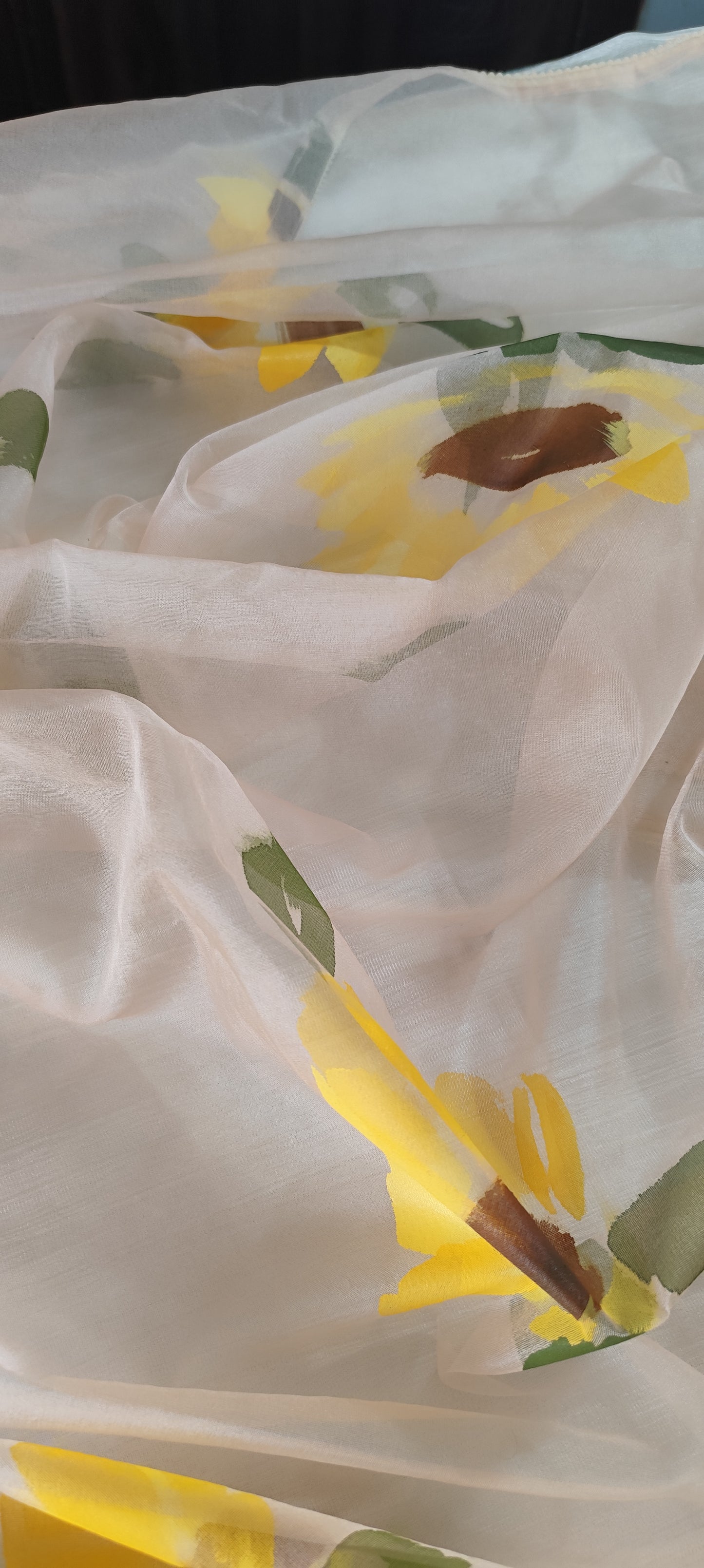 Handpainted sunflower on yellow chanderi suit and organza dupatta