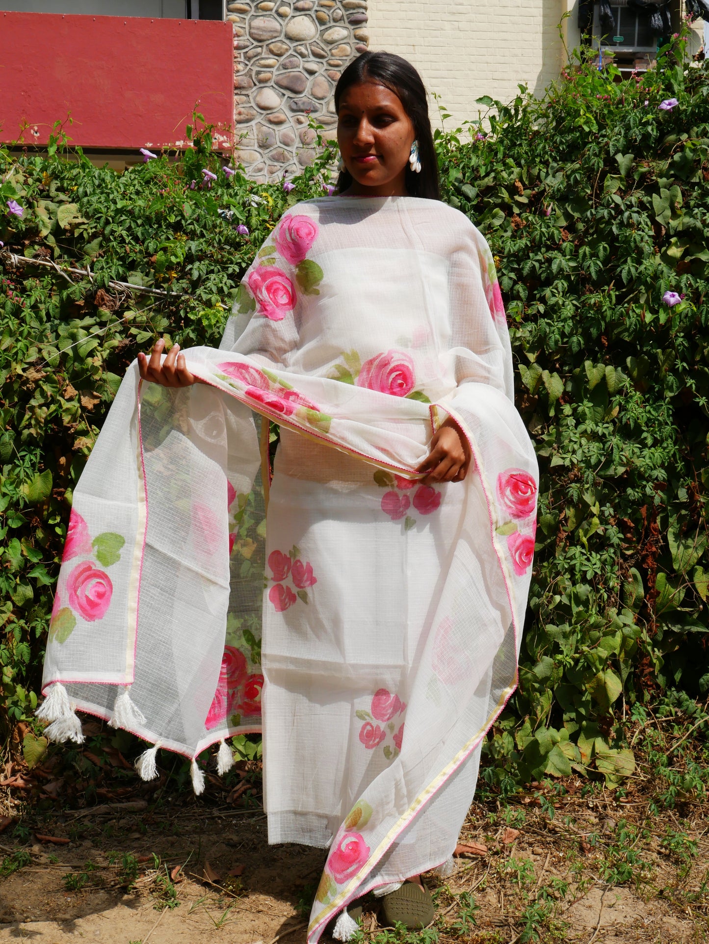 Hand painted roses on white kota doria suit