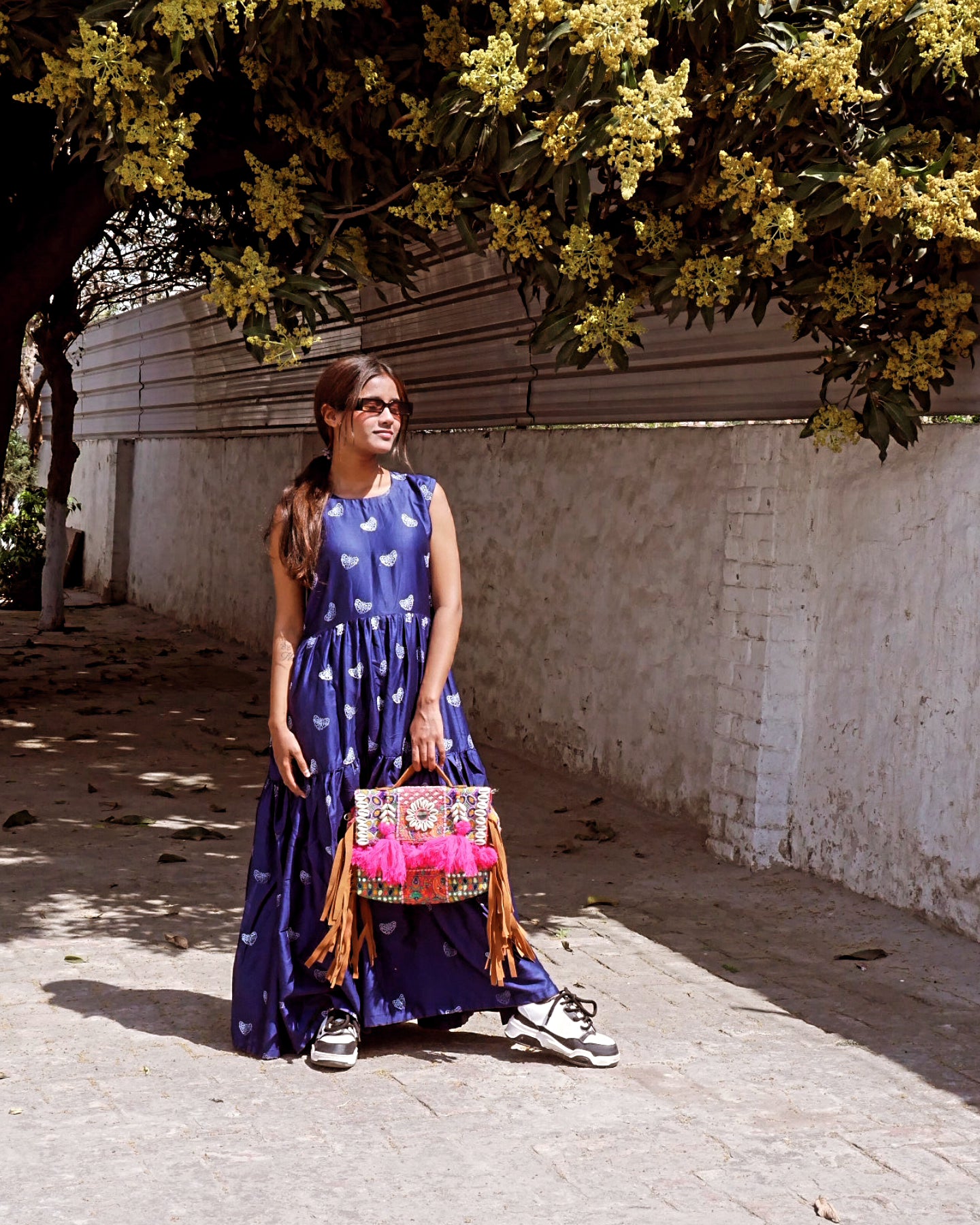 Navy blue cotton butterfly maxi dress
