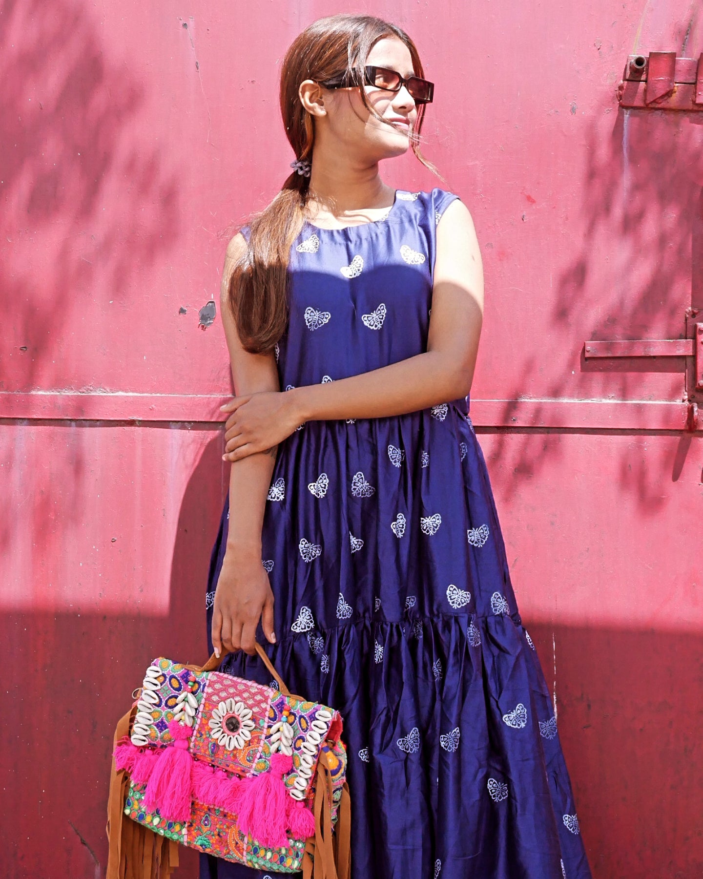 Navy blue cotton butterfly maxi dress