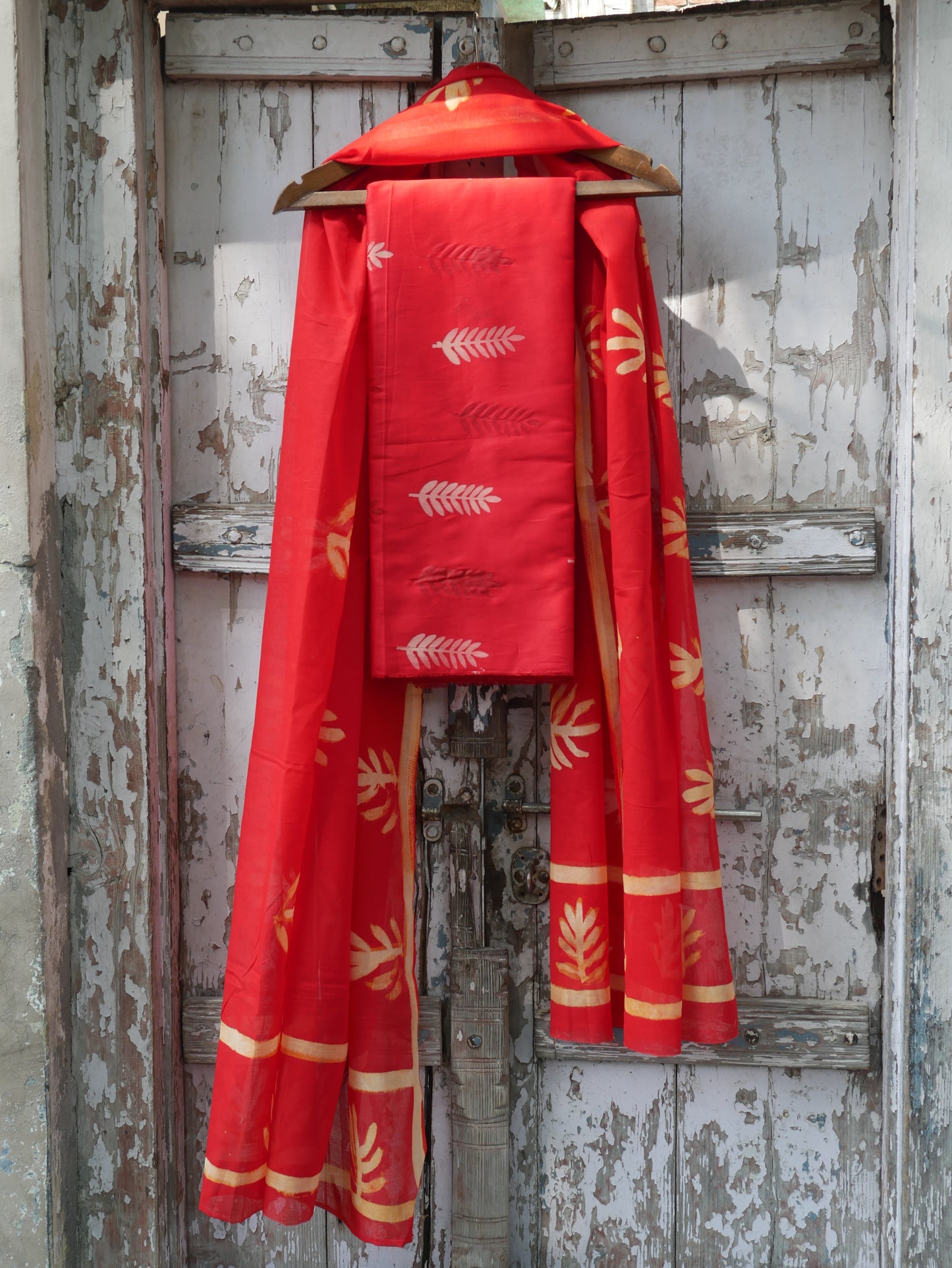 Red pure cotton handblock shibori suit