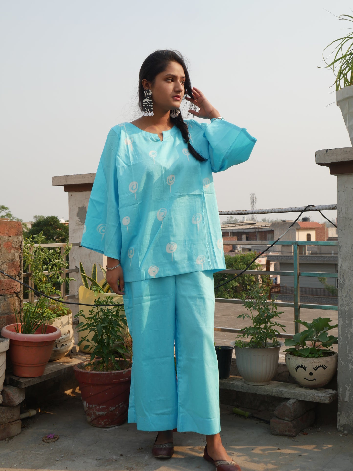 Sky blue pure cotton shibori handblock coord set
