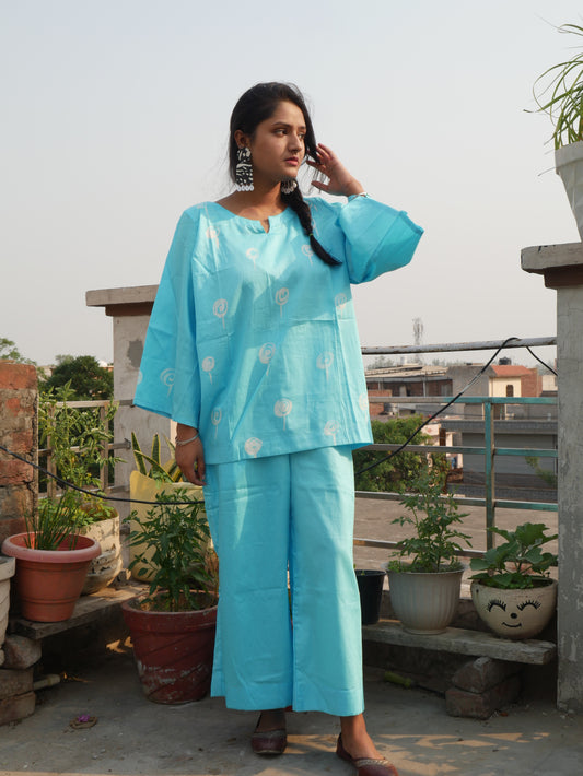 Sky blue pure cotton shibori handblock coord set