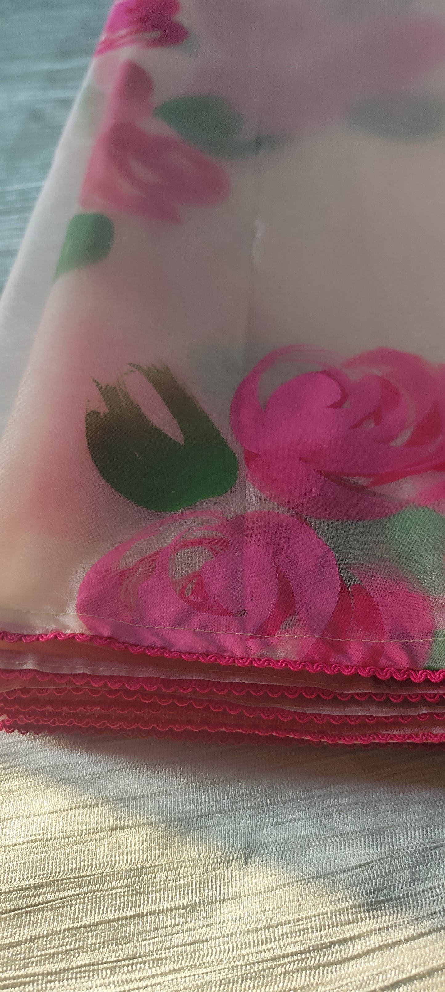 Handpainted pink roses on chanderi suit and organza dupatta