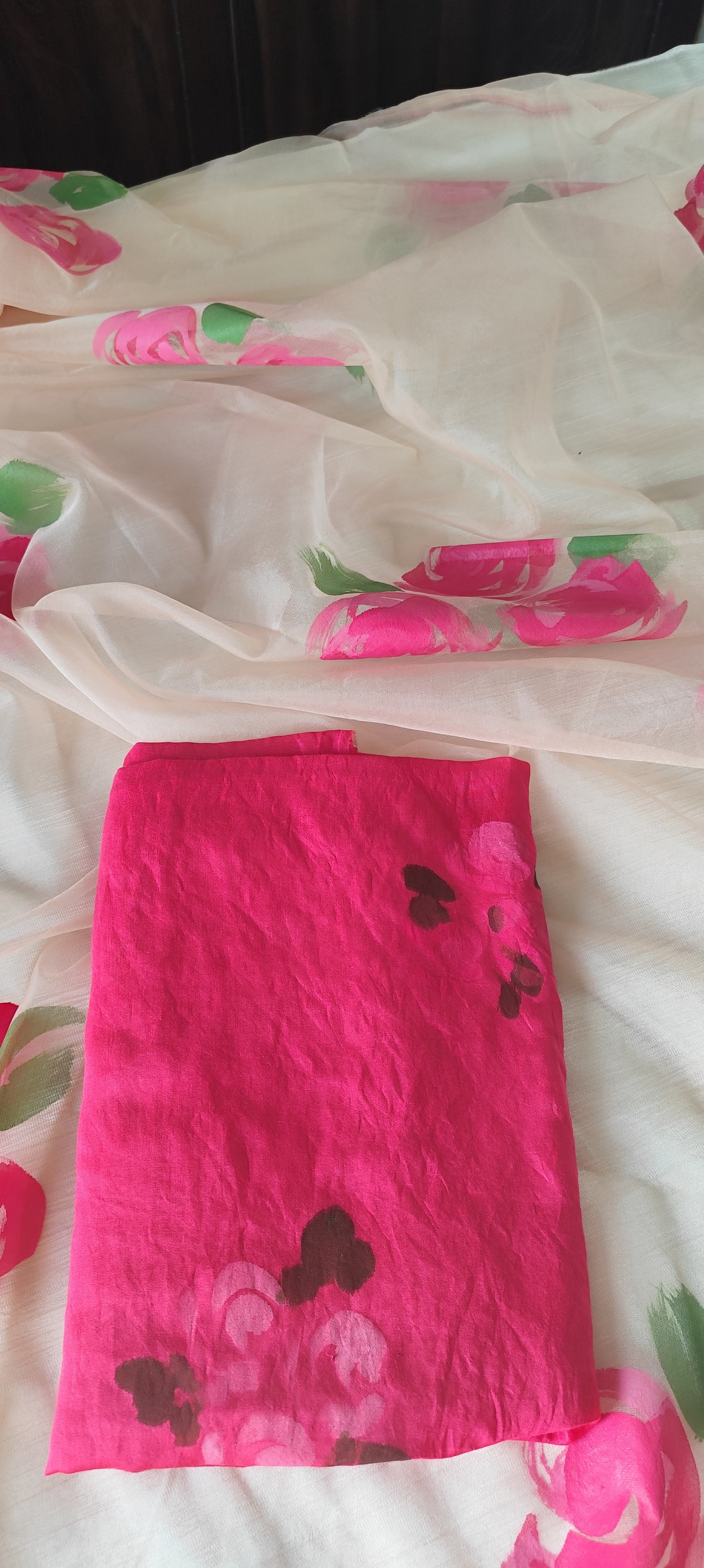 Handpainted pink roses on chanderi suit and organza dupatta