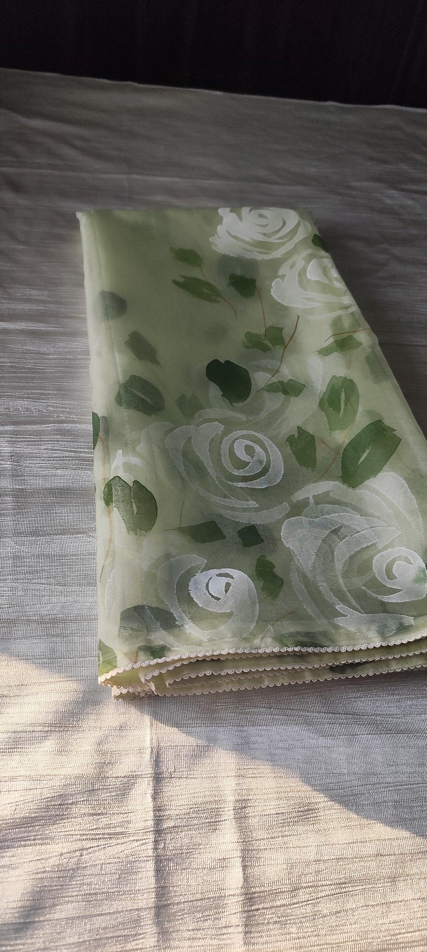 Hand painted roses on Pista green chanderi suit with organza dupatta