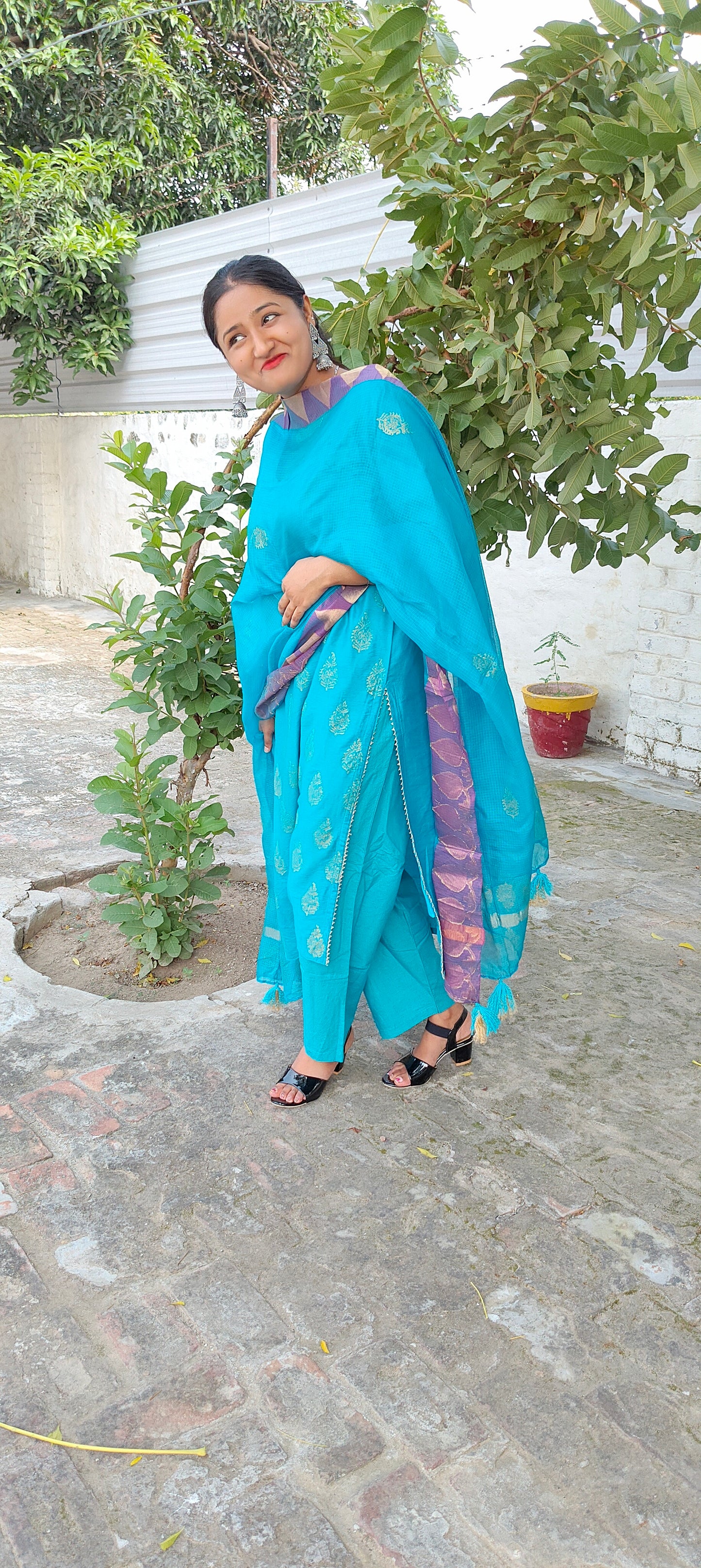 Handblock blue chanderi silk suit