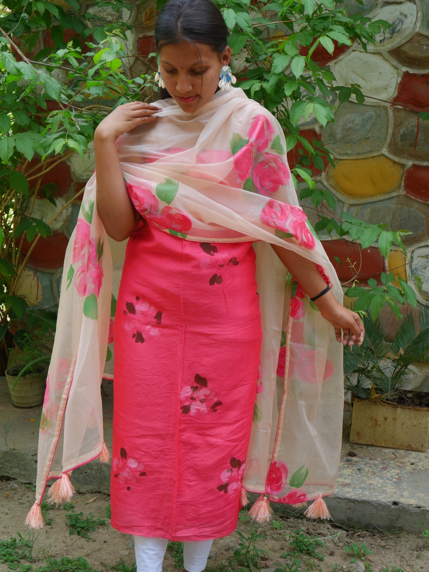 Handpainted pink roses on chanderi suit and organza dupatta