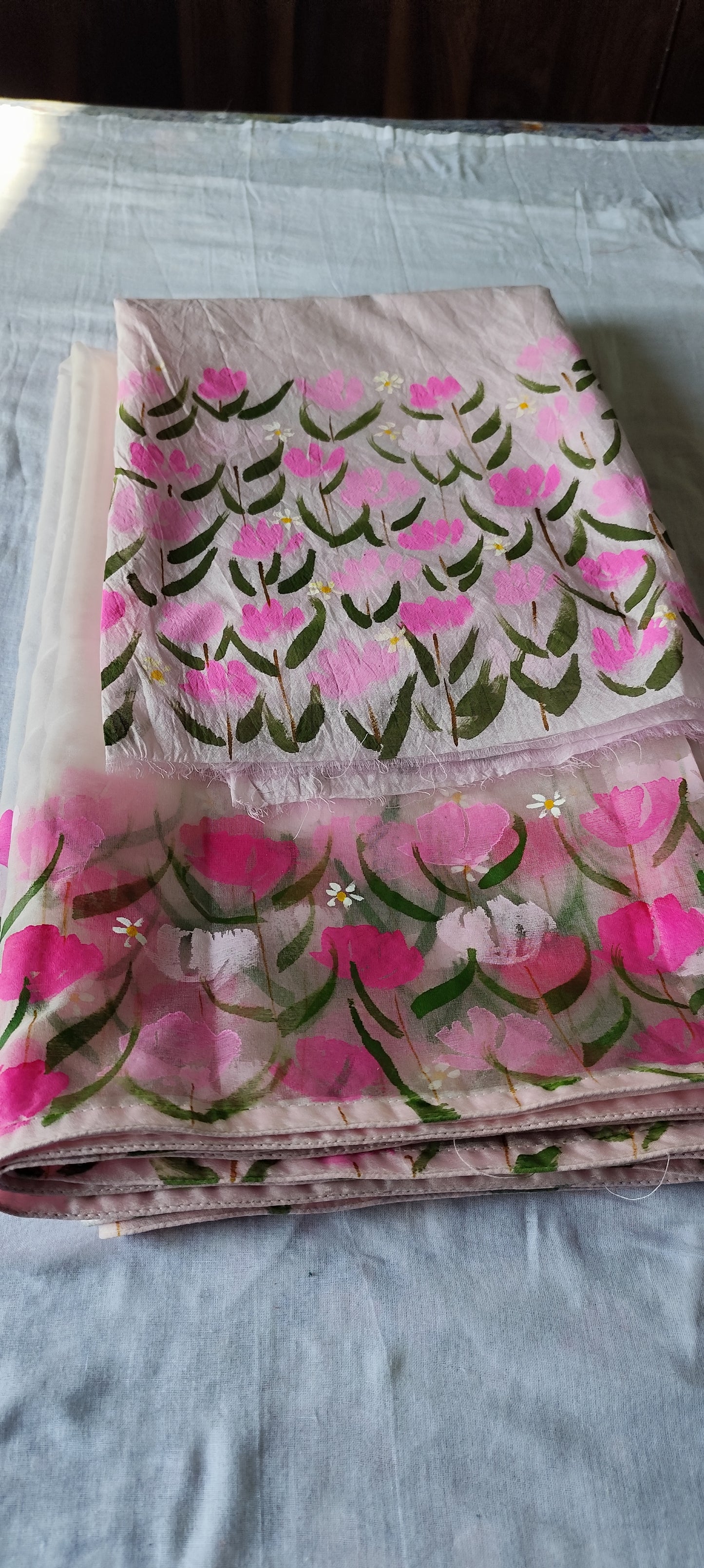 Hand painted pink blossoms on chanderi suit with organza dupatta