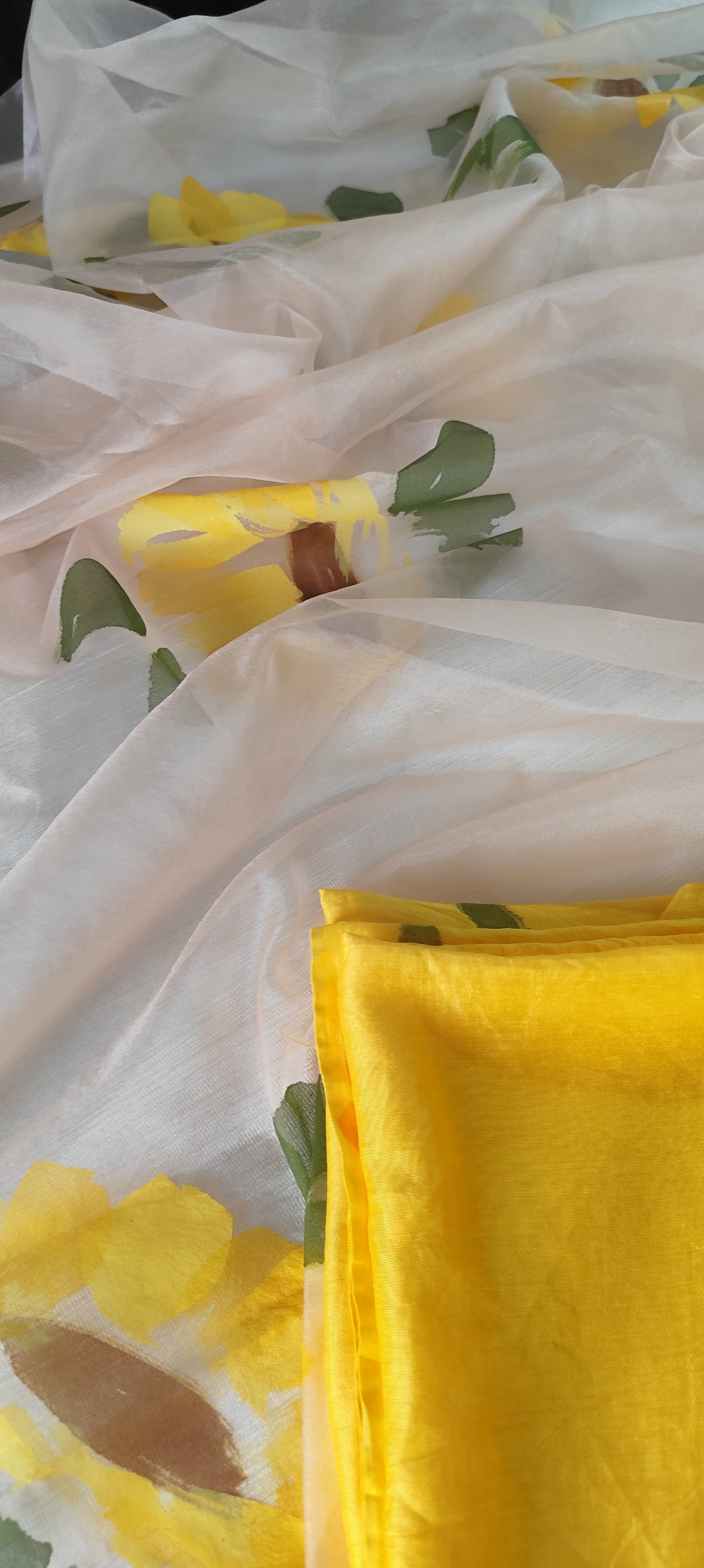 Handpainted sunflower on yellow chanderi suit and organza dupatta