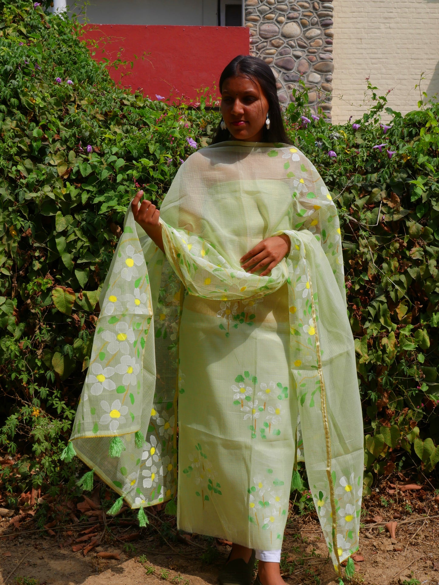 Pista green handpainted kota doria suit with white motifs