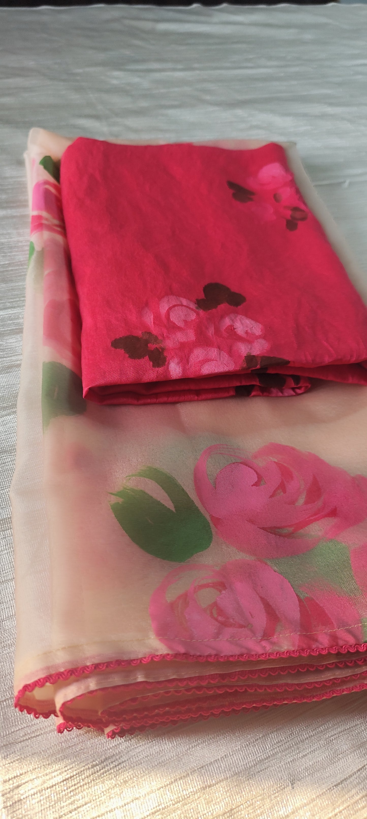 Handpainted pink roses on chanderi suit and organza dupatta