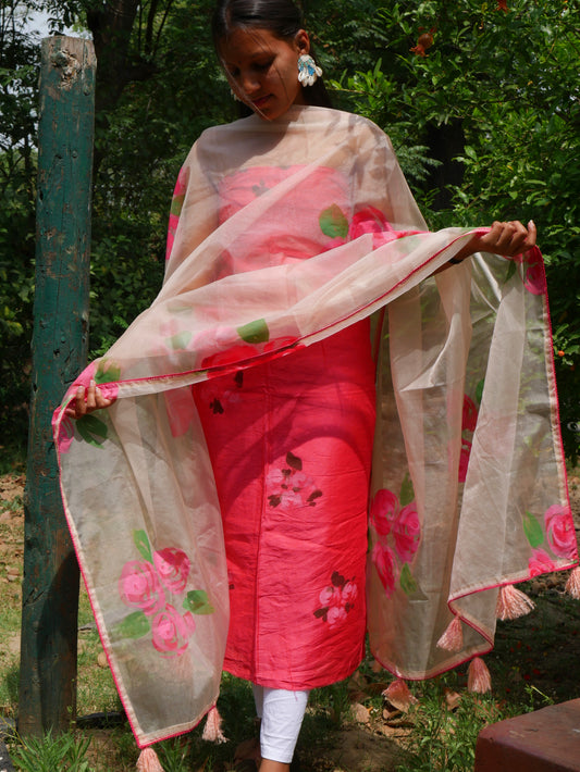 Handpainted pink roses on chanderi suit and organza dupatta