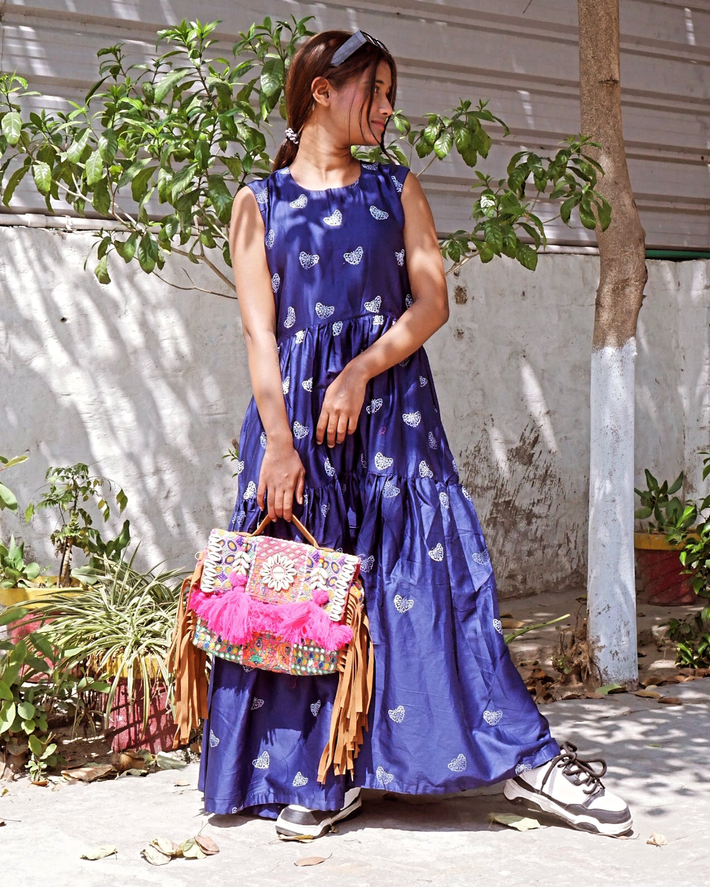 Navy blue cotton butterfly maxi dress