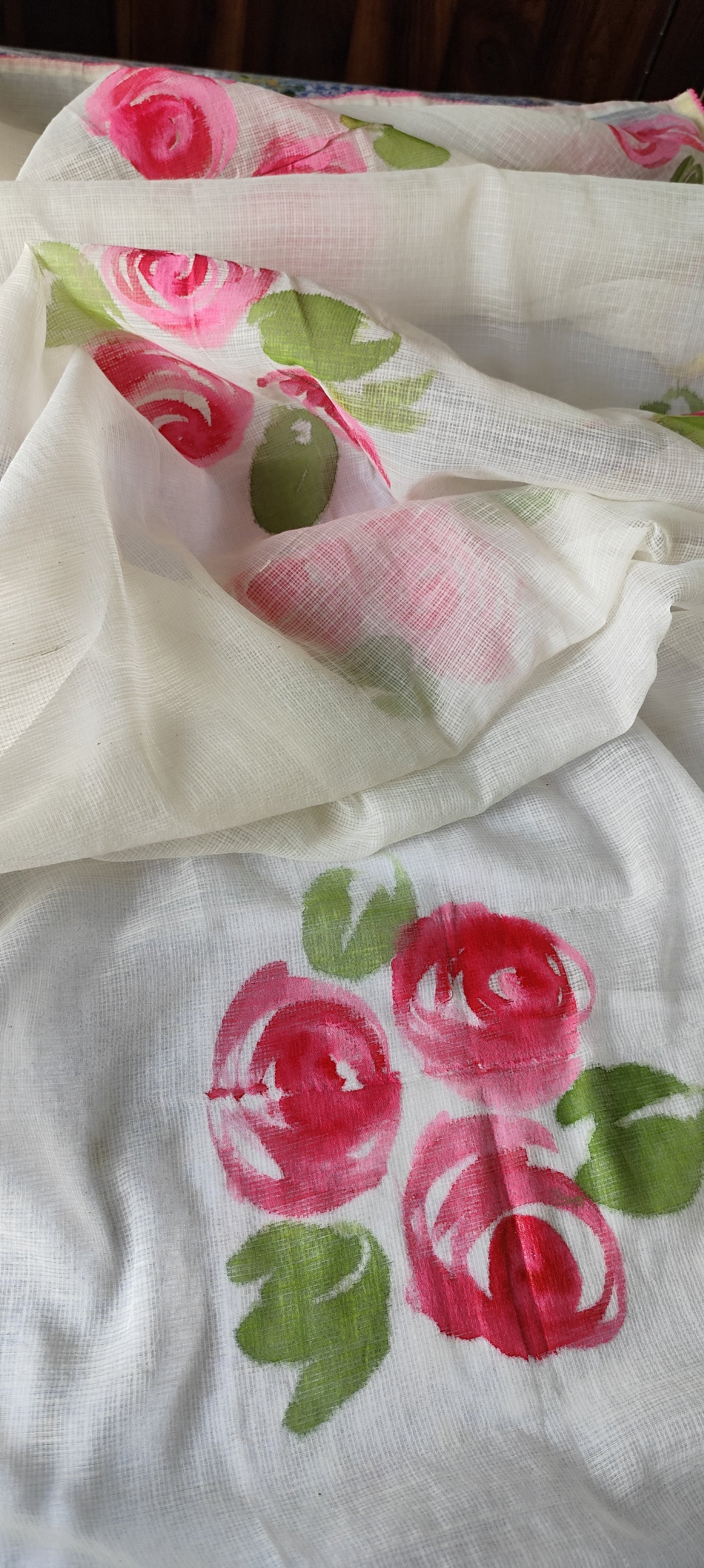 Hand painted roses on white kota doria suit