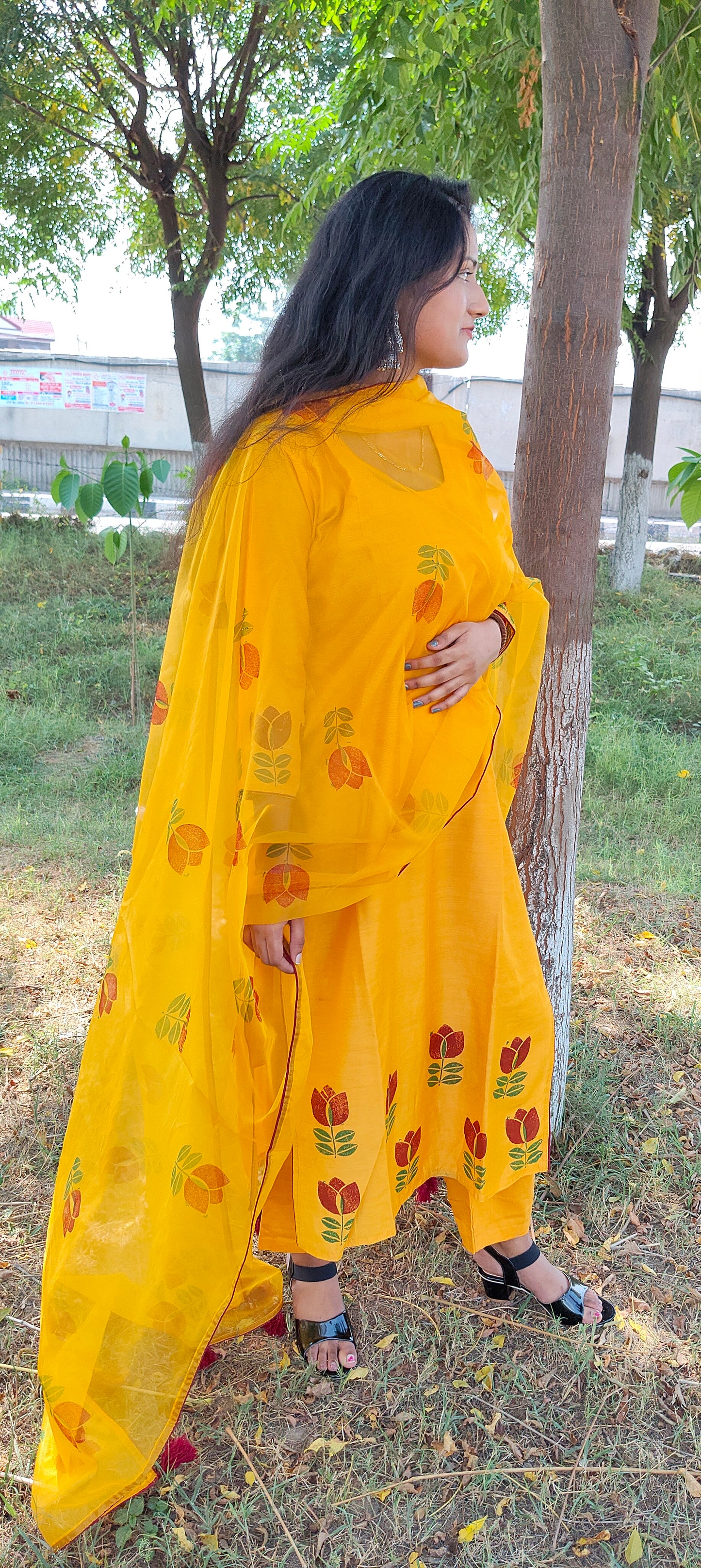 Hand block yellow chanderi suit