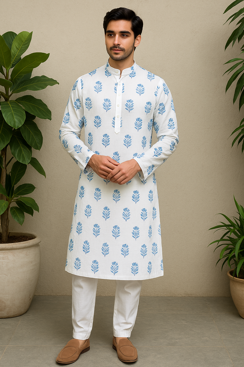 White handblock kurta pajama for men