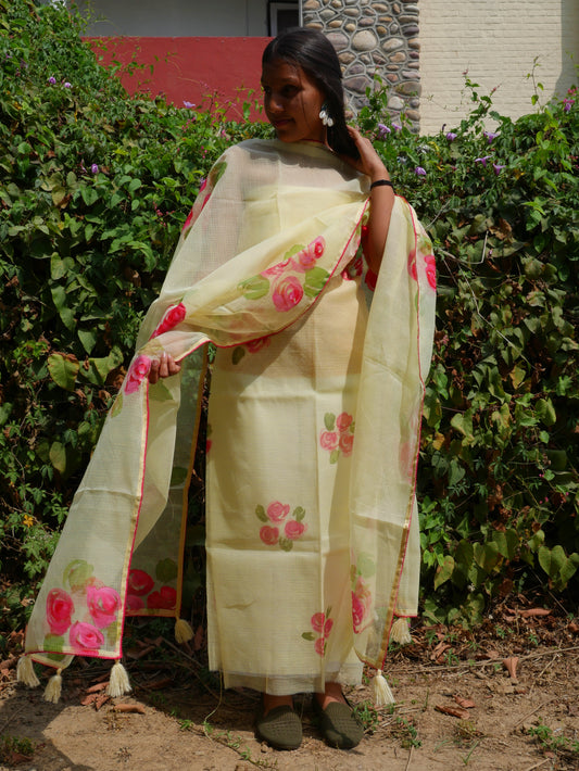 Lemon Handpainted roses on kota doria suit